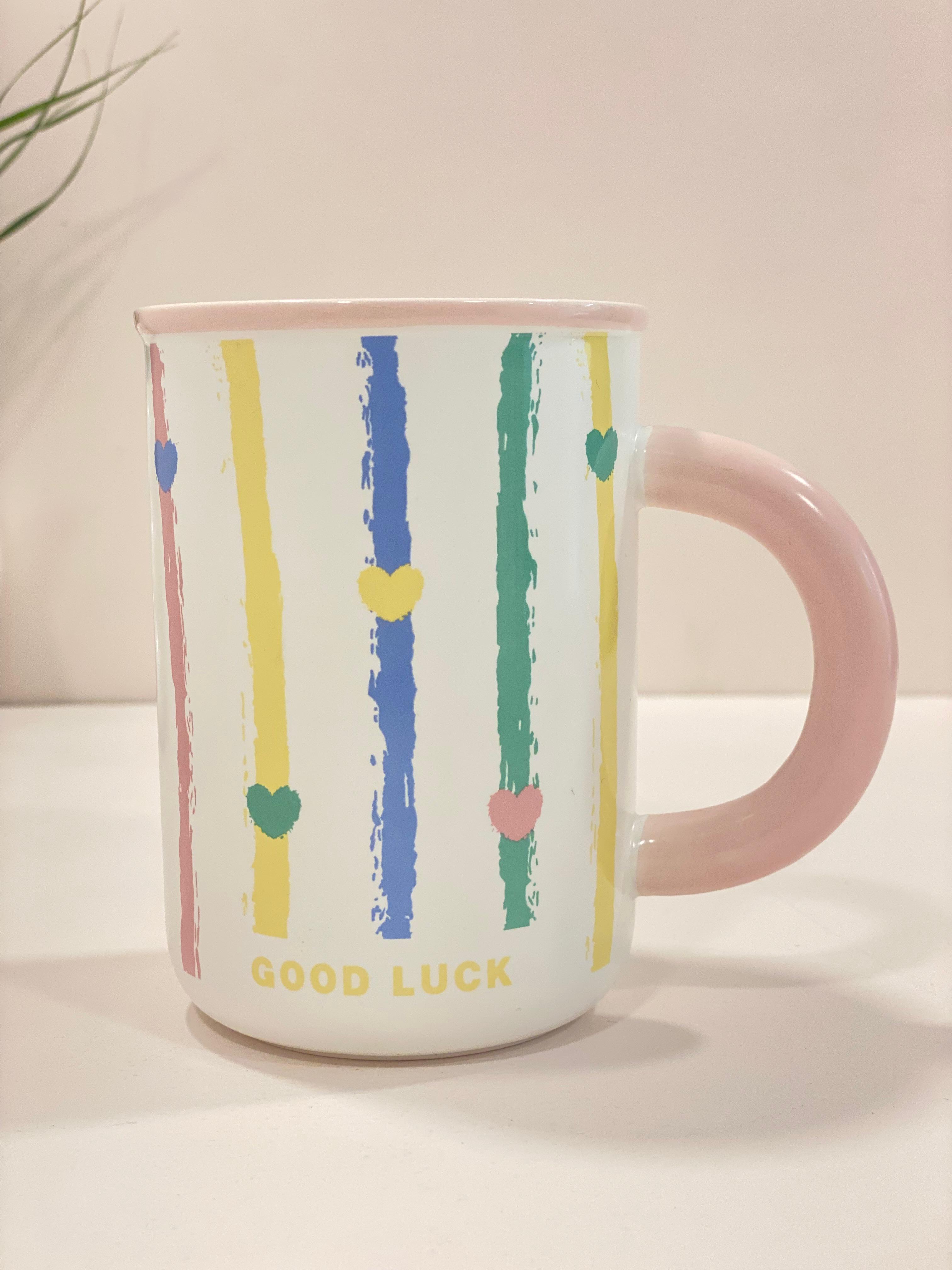 Good Luck Heart Stripe Ceramic Mug – Cute Aesthetic Coffee Mug with Colored Handle | Pastel Gift Mug for Home & Office