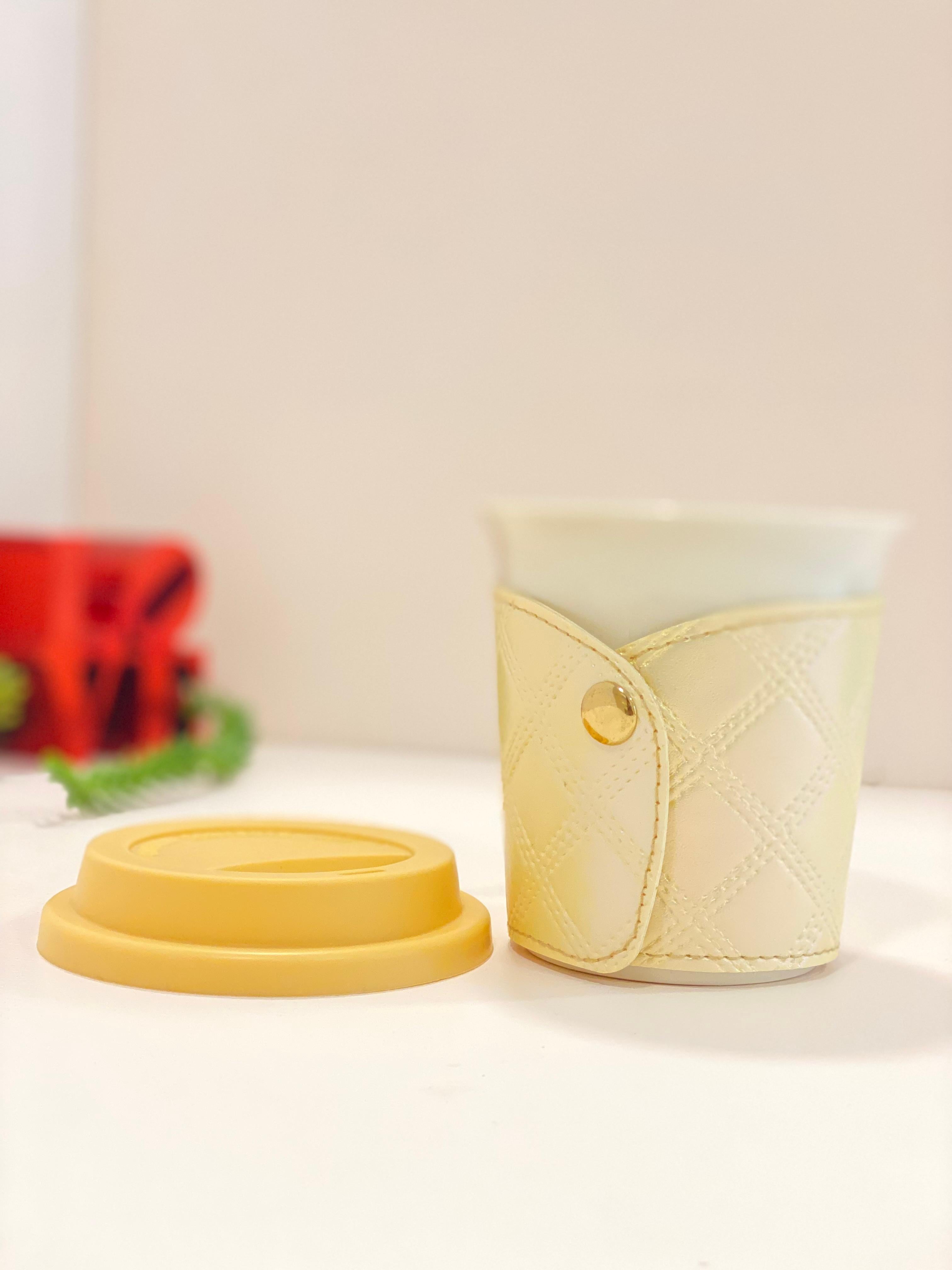 Portable Ceramic Coffee Cup with Lid & Quilted Sleeve – Aesthetic Travel Mug with Handle Strap | Reusable Tea & Coffee Cup