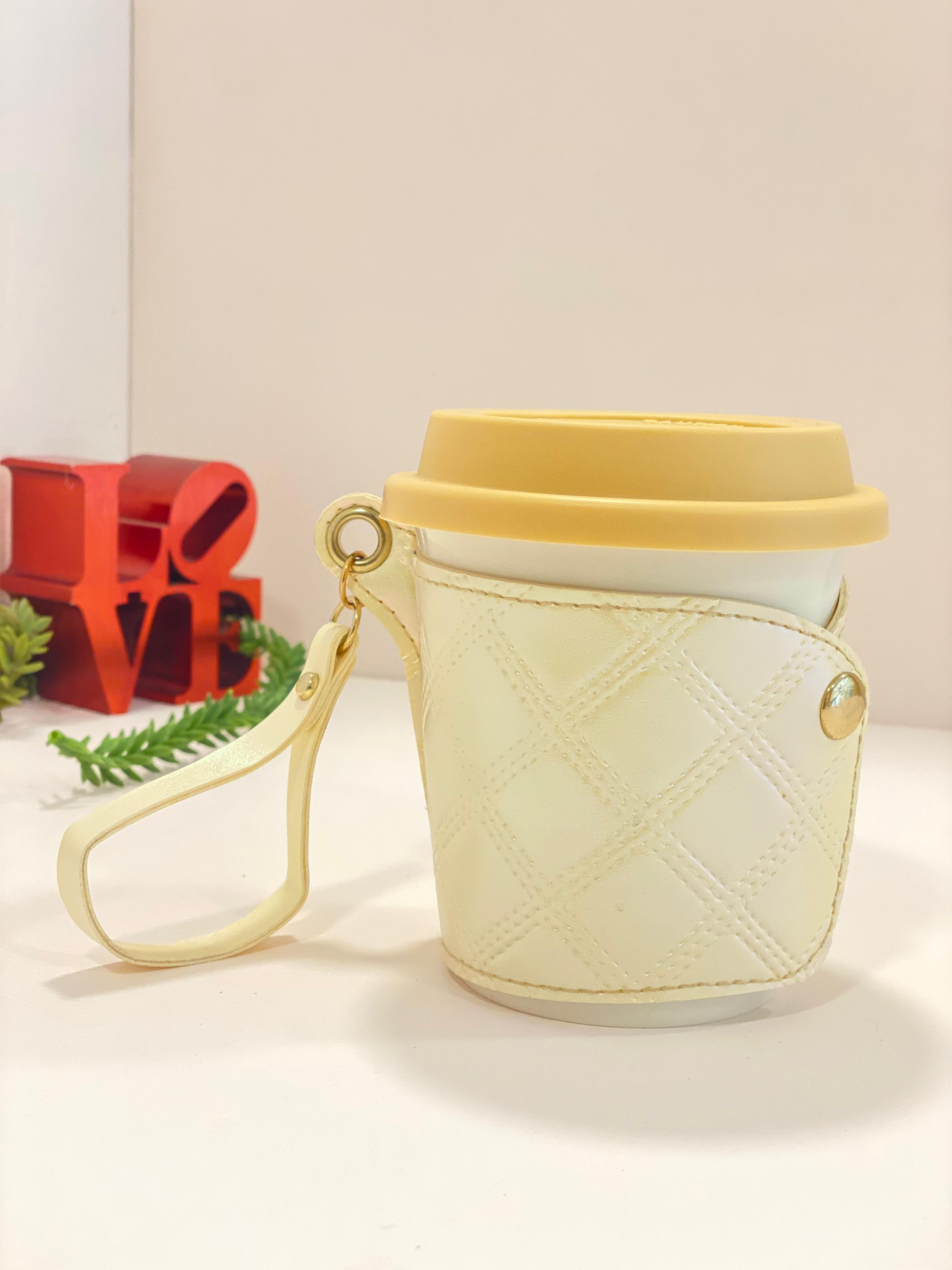 Portable Ceramic Coffee Cup with Lid & Quilted Sleeve – Aesthetic Travel Mug with Handle Strap | Reusable Tea & Coffee Cup