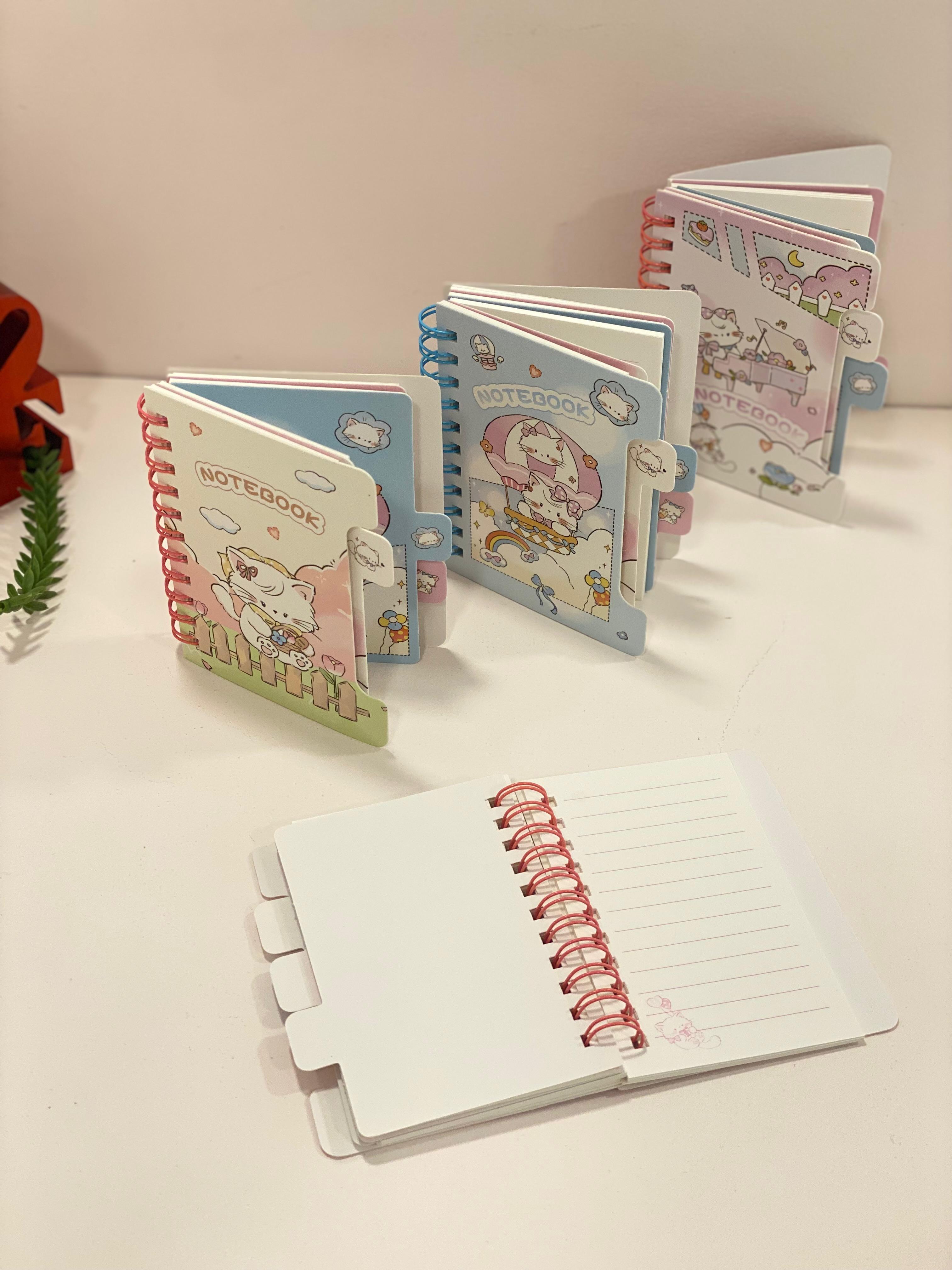 Cute Kawaii Mini Spiral Notebook with Tabs – Cartoon Cat Pocket Notebook | Aesthetic Small Diary for School, Journaling & Gifts