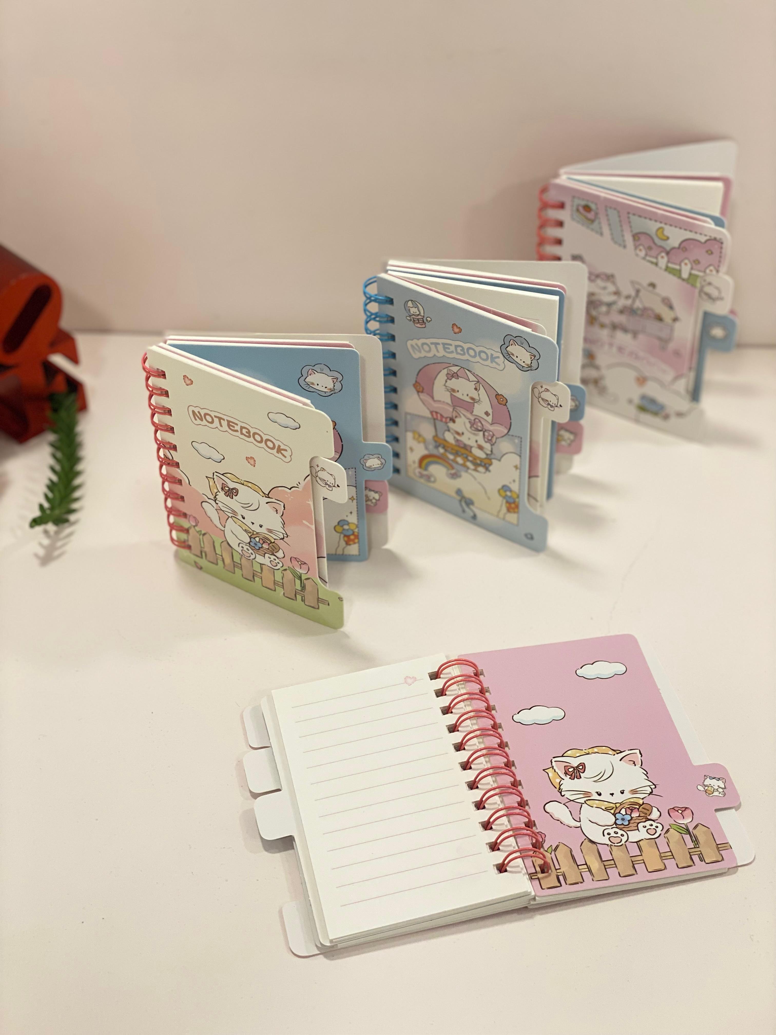 Cute Kawaii Mini Spiral Notebook with Tabs – Cartoon Cat Pocket Notebook | Aesthetic Small Diary for School, Journaling & Gifts