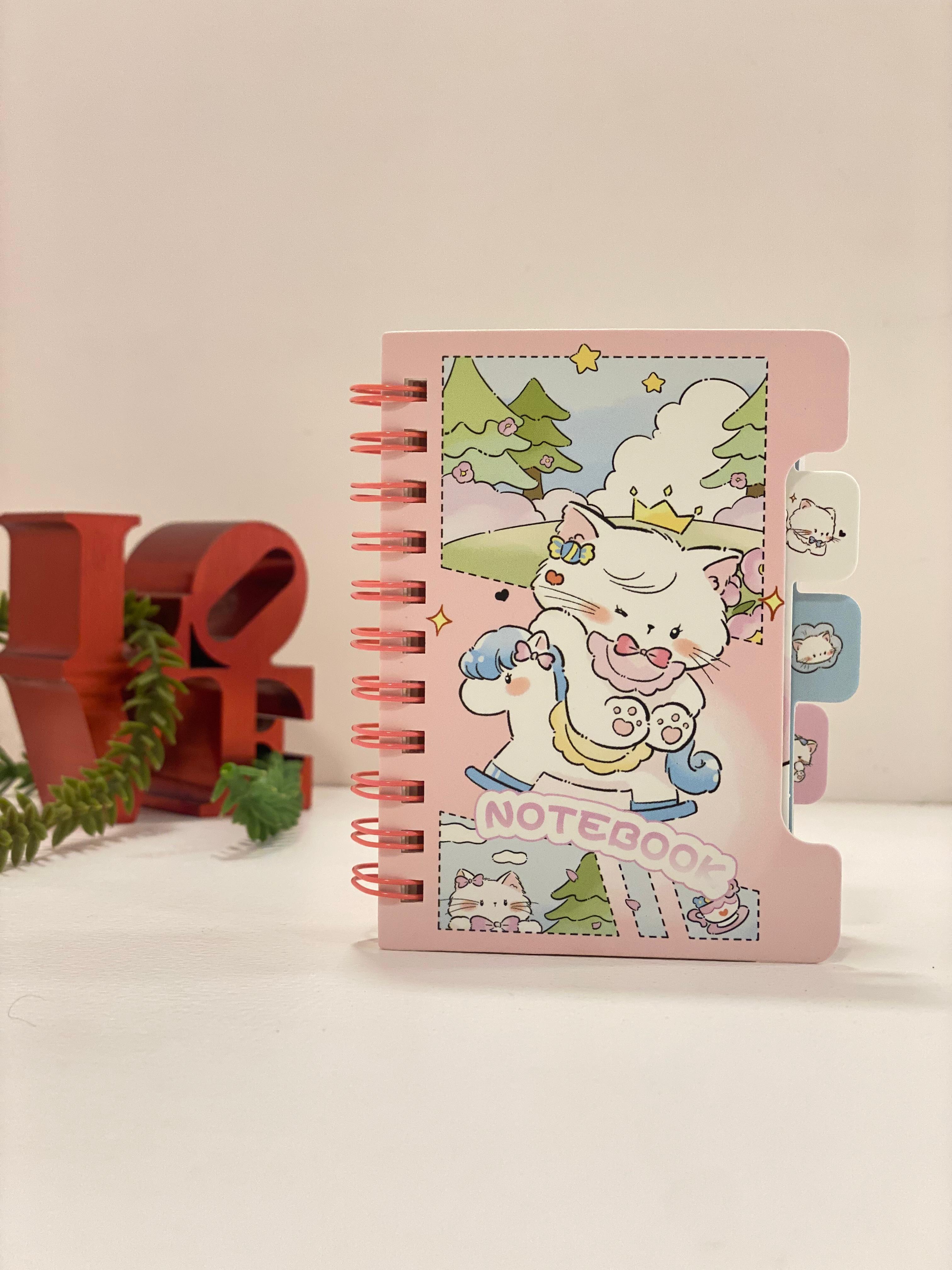 Cute Kawaii Mini Spiral Notebook with Tabs – Cartoon Cat Pocket Notebook | Aesthetic Small Diary for School, Journaling & Gifts