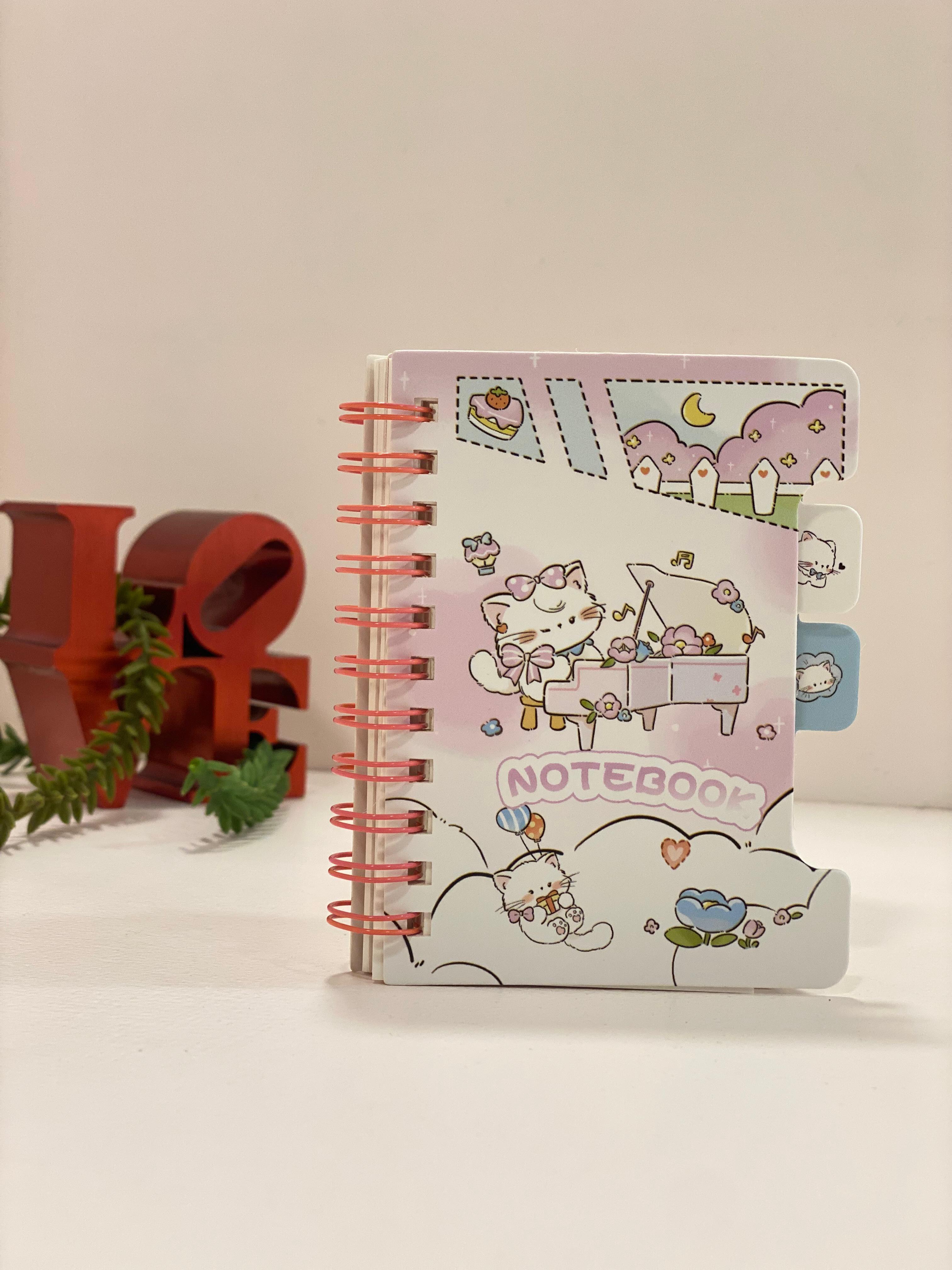 Cute Kawaii Mini Spiral Notebook with Tabs – Cartoon Cat Pocket Notebook | Aesthetic Small Diary for School, Journaling & Gifts