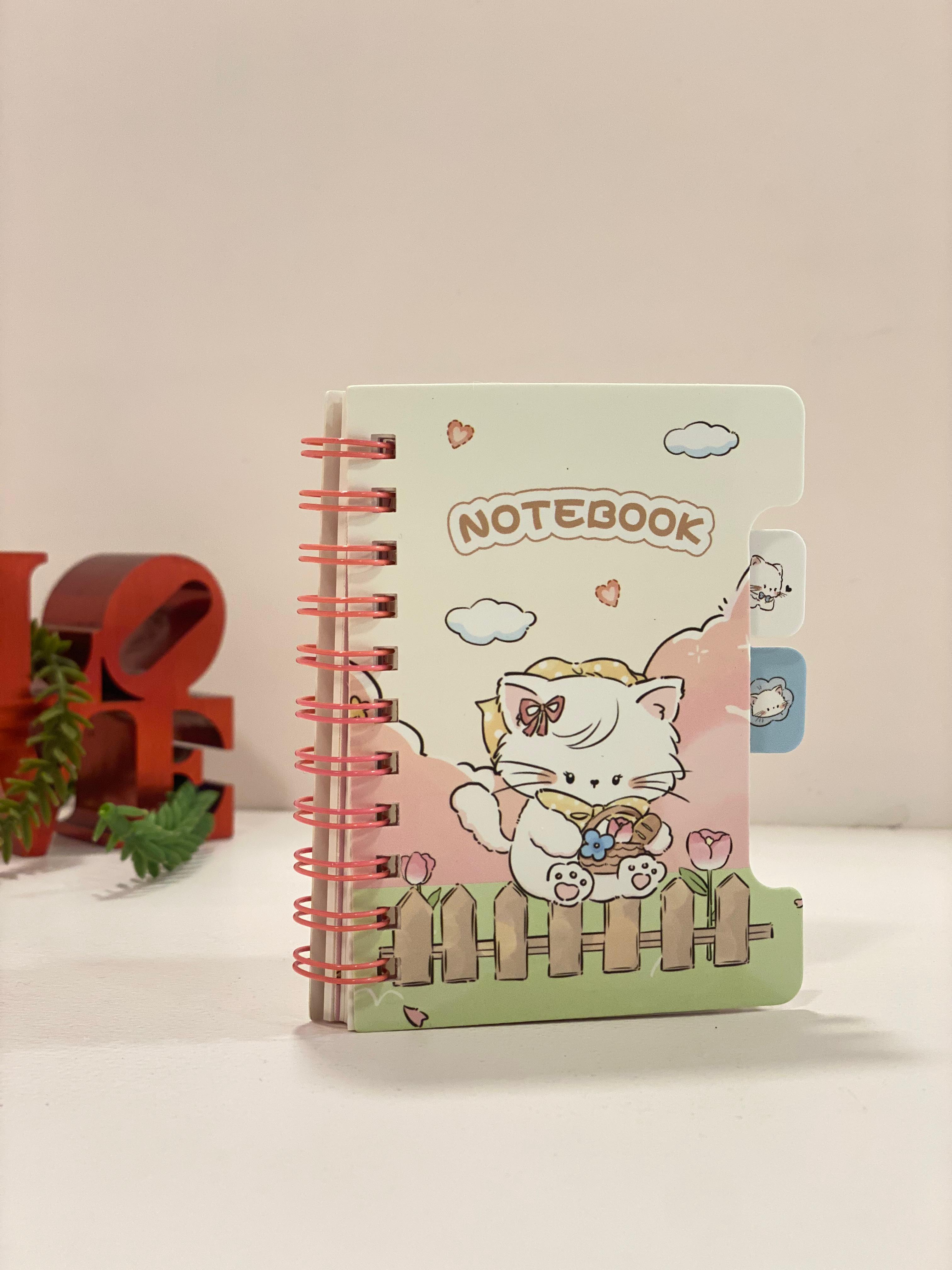 Cute Kawaii Mini Spiral Notebook with Tabs – Cartoon Cat Pocket Notebook | Aesthetic Small Diary for School, Journaling & Gifts
