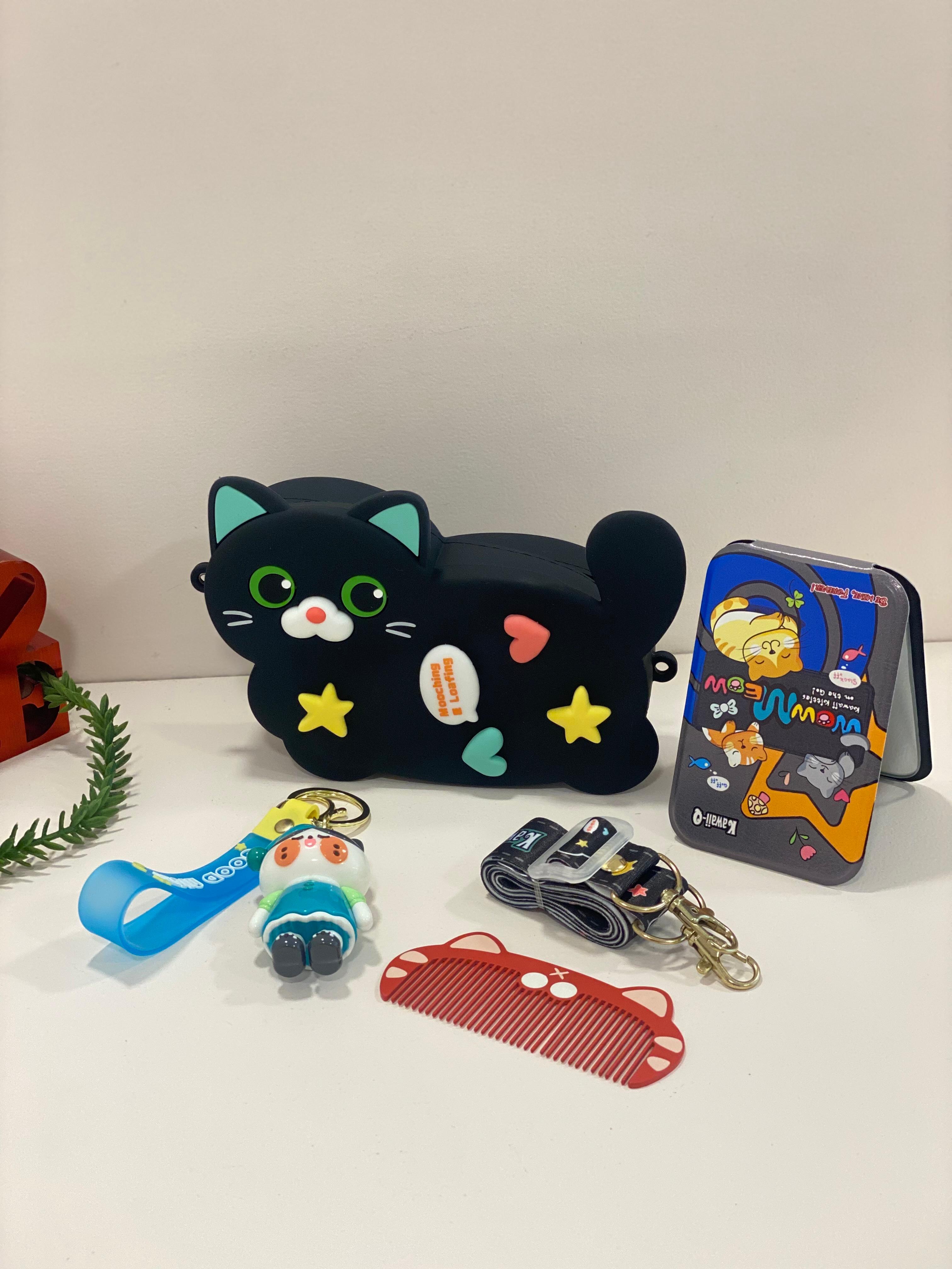 Kawaii 3D Unicorn & Black Cat Travel Pouch Set – Cute Silicone Crossbody Mini Bag with Keychain, Comb & Accessories