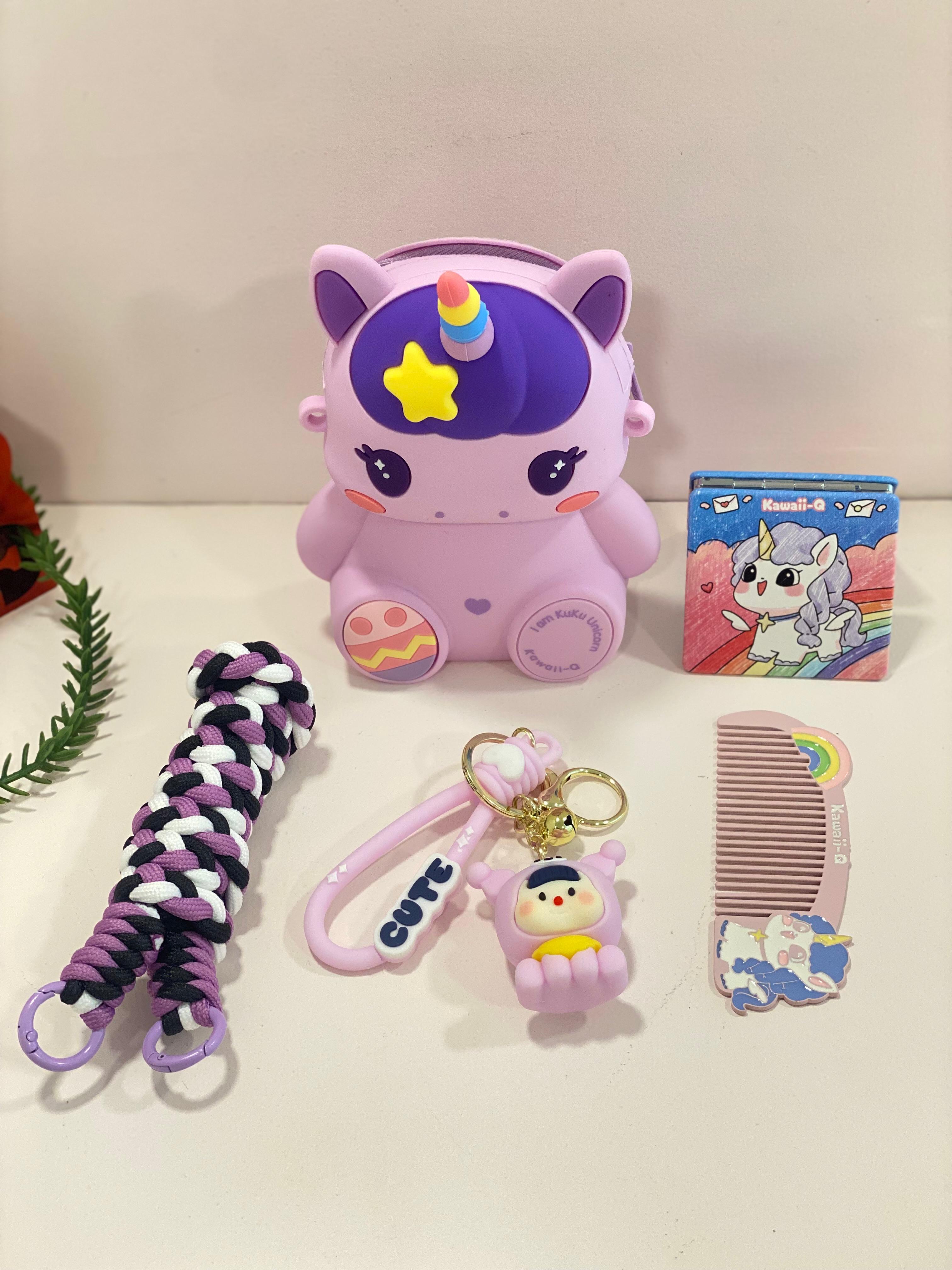 Kawaii 3D Unicorn & Black Cat Travel Pouch Set – Cute Silicone Crossbody Mini Bag with Keychain, Comb & Accessories