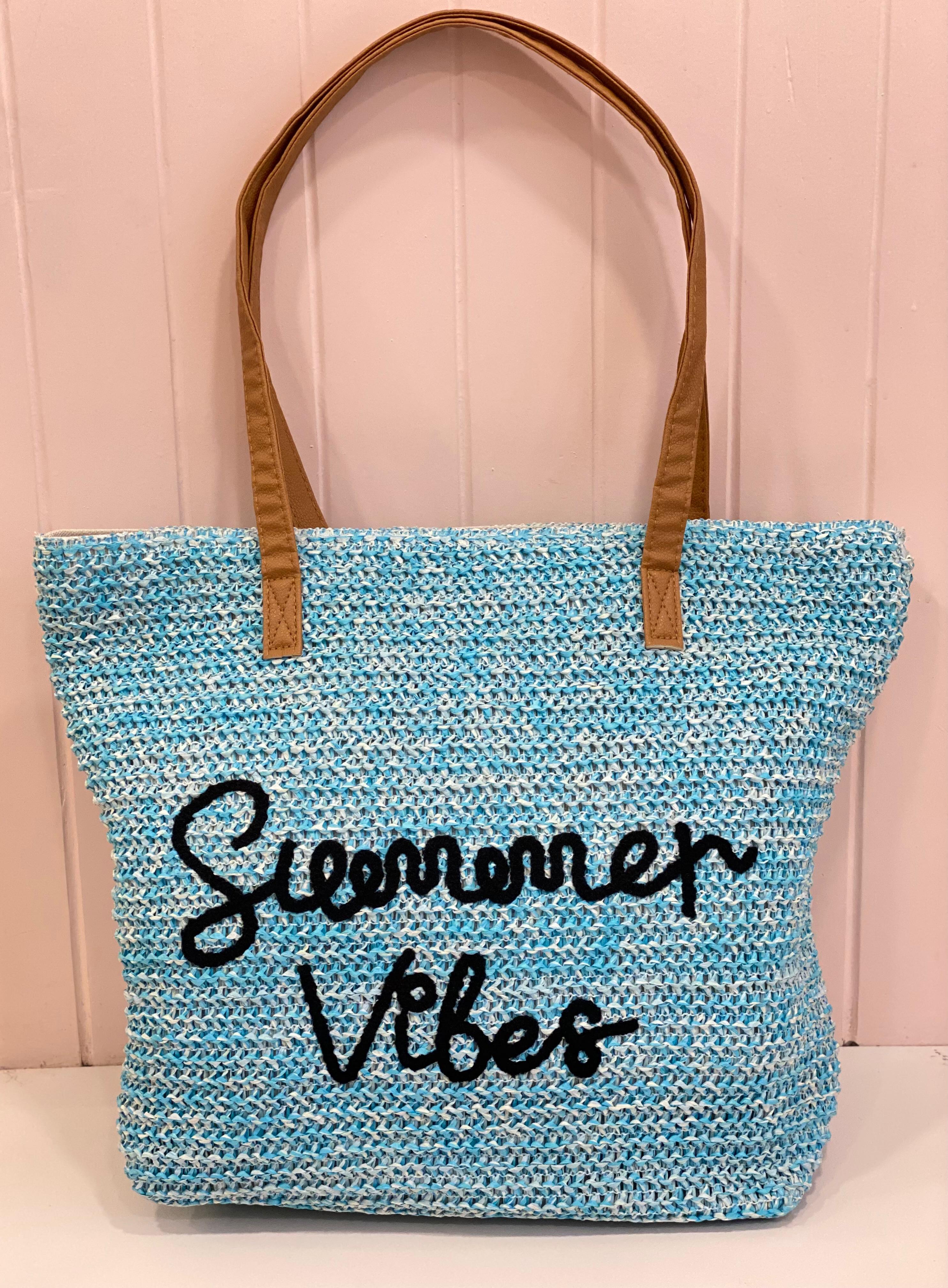 “Summer Vibes” Blue Woven Tote Bag – Large Beach Shoulder Bag with Leather Handles