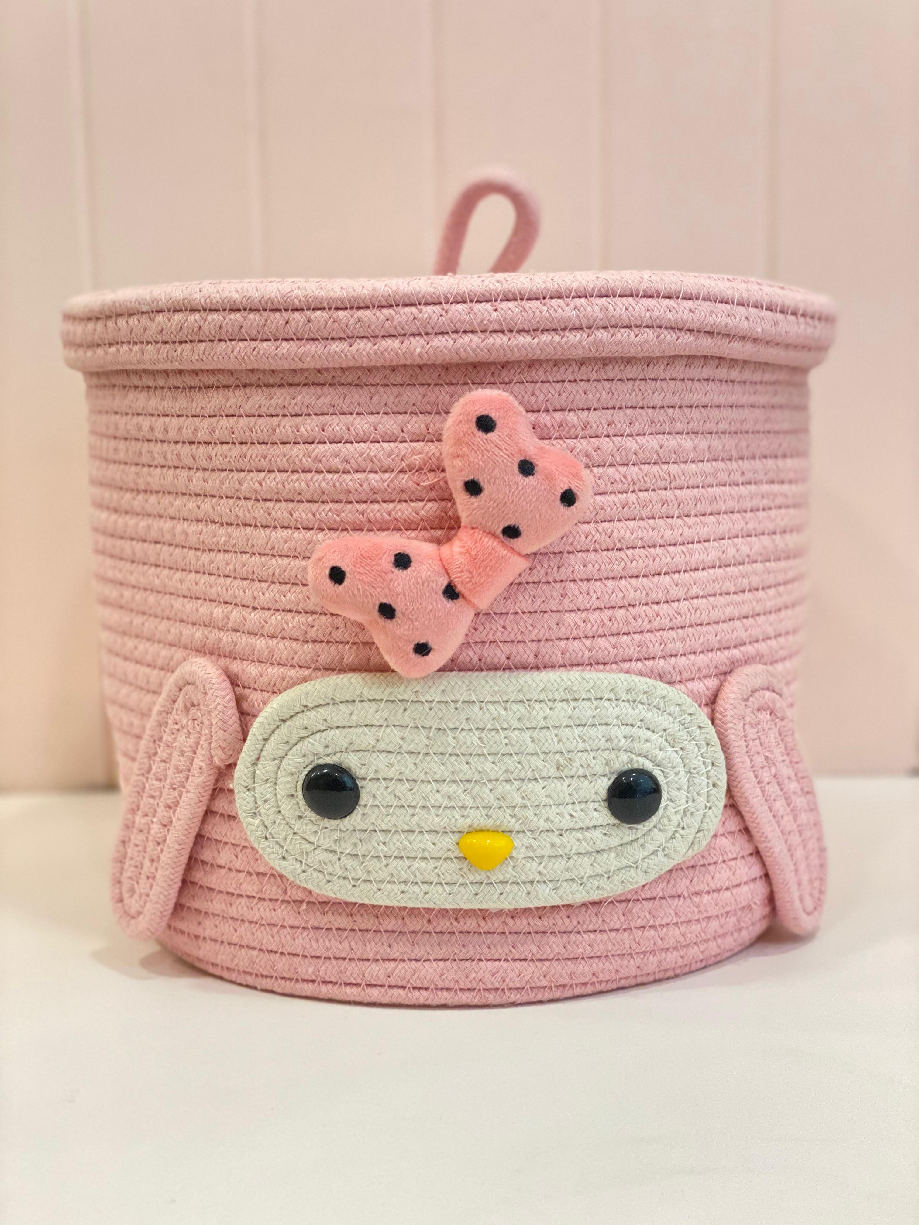 Pink Owl Rope Storage Basket with Lid – Cute Kids Toy Organizer Box with Bow