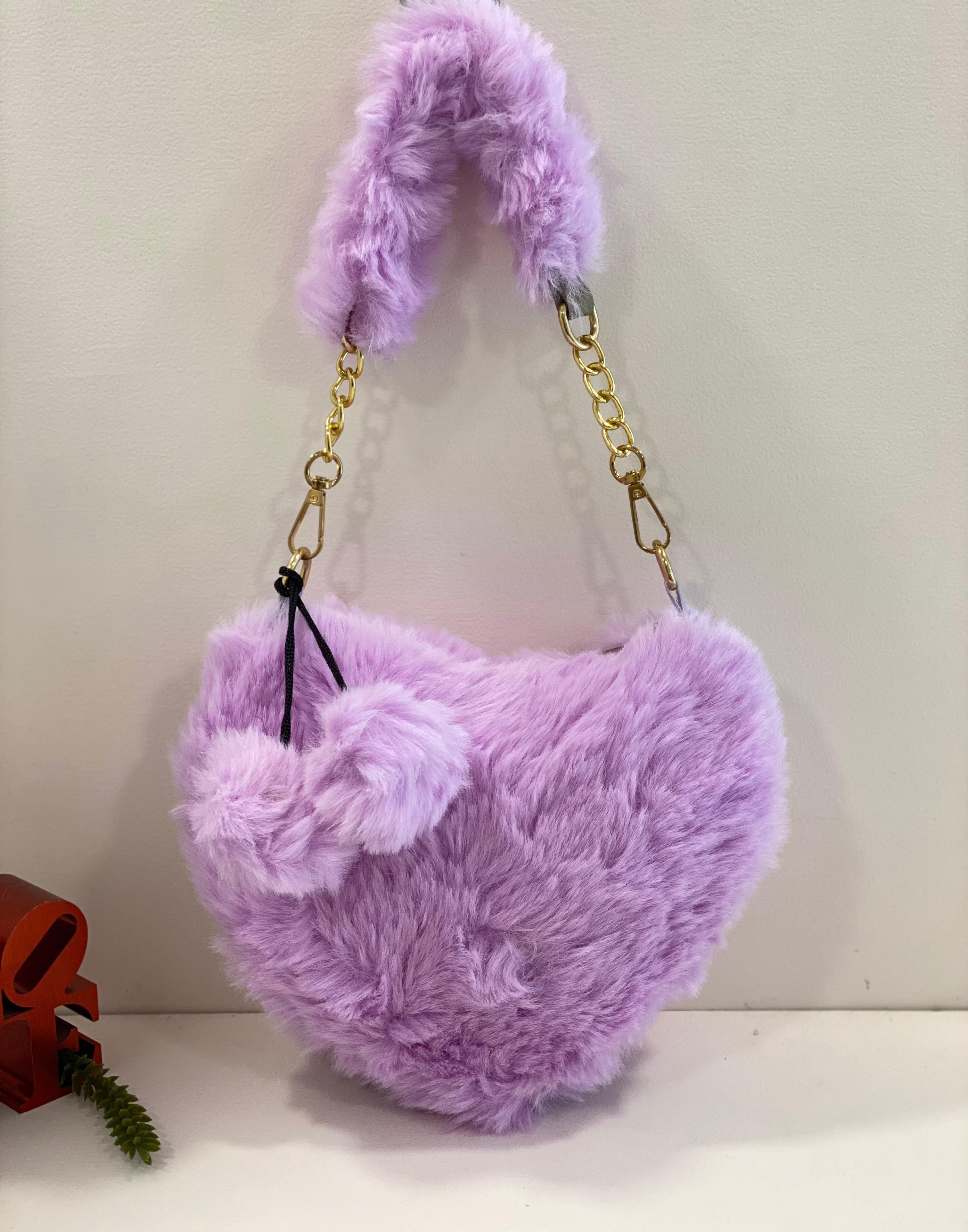Cute Fluffy Faux Fur Shoulder Bag with Pom Pom – Soft Plush Aesthetic Handbag for Girls