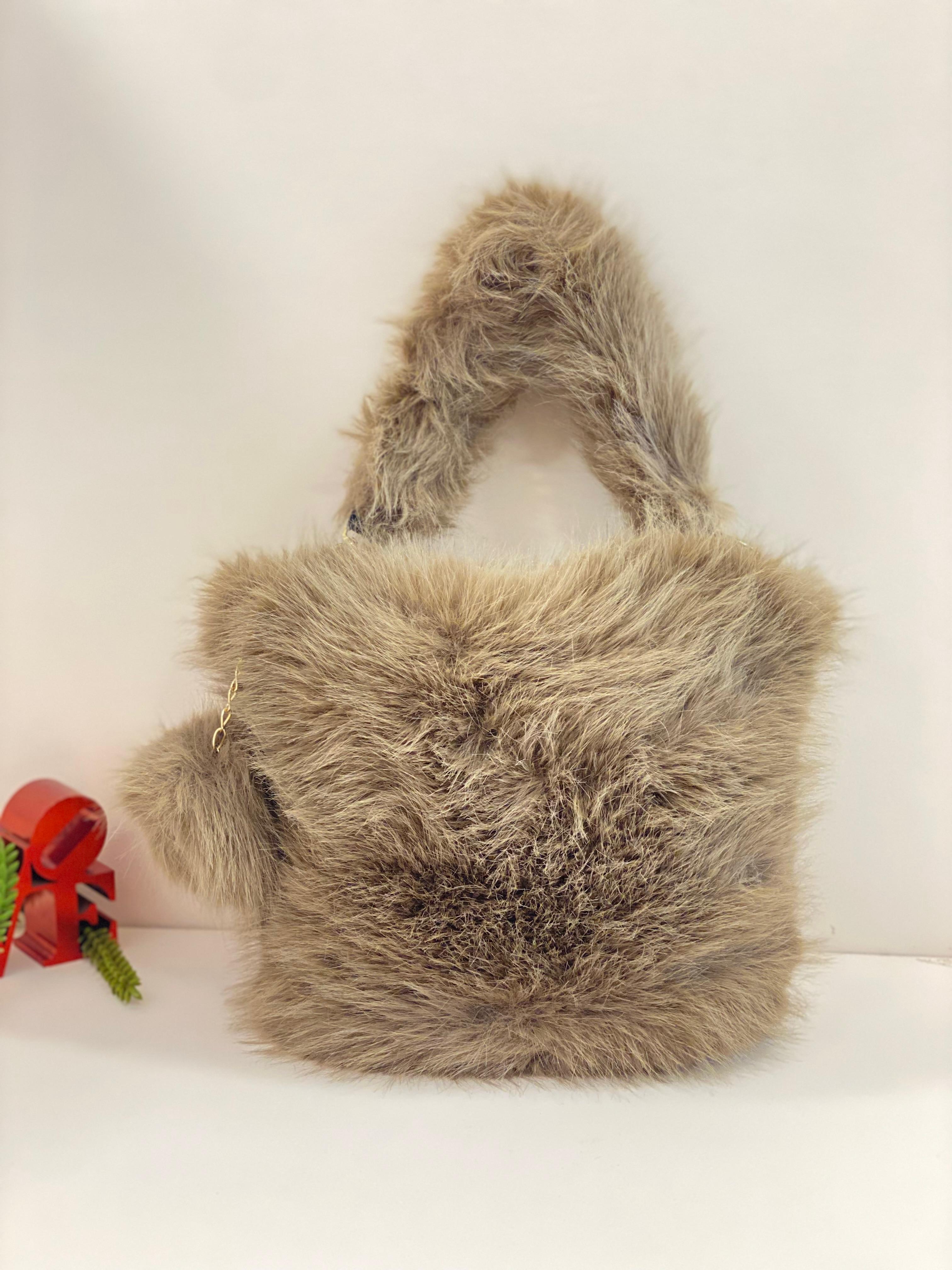 Cute Fluffy Faux Fur Handbag with Pom Pom Charm – Soft Plush Mini Tote Bag for Girls & Women