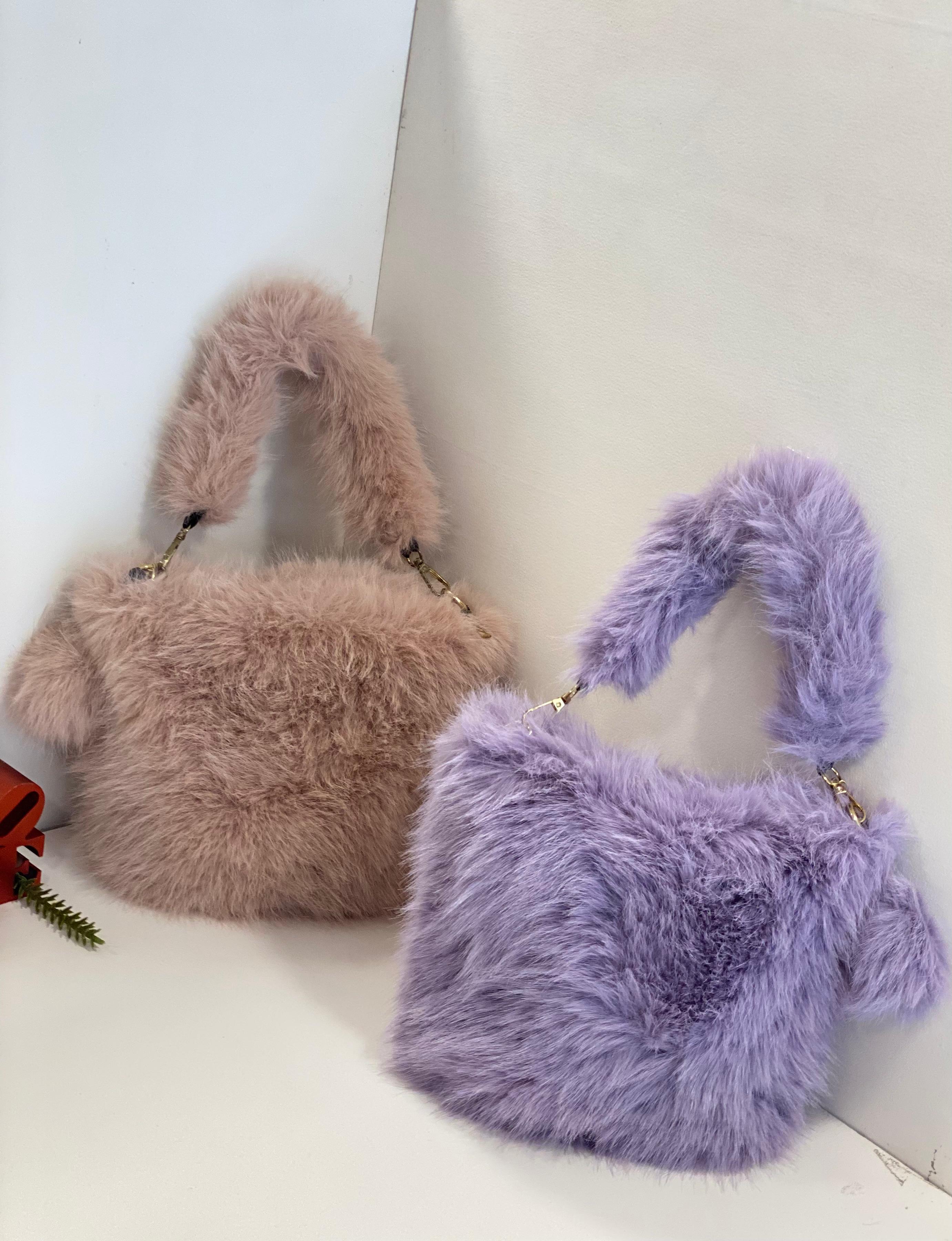 Cute Fluffy Faux Fur Handbag with Pom Pom Charm – Soft Plush Mini Tote Bag for Girls & Women