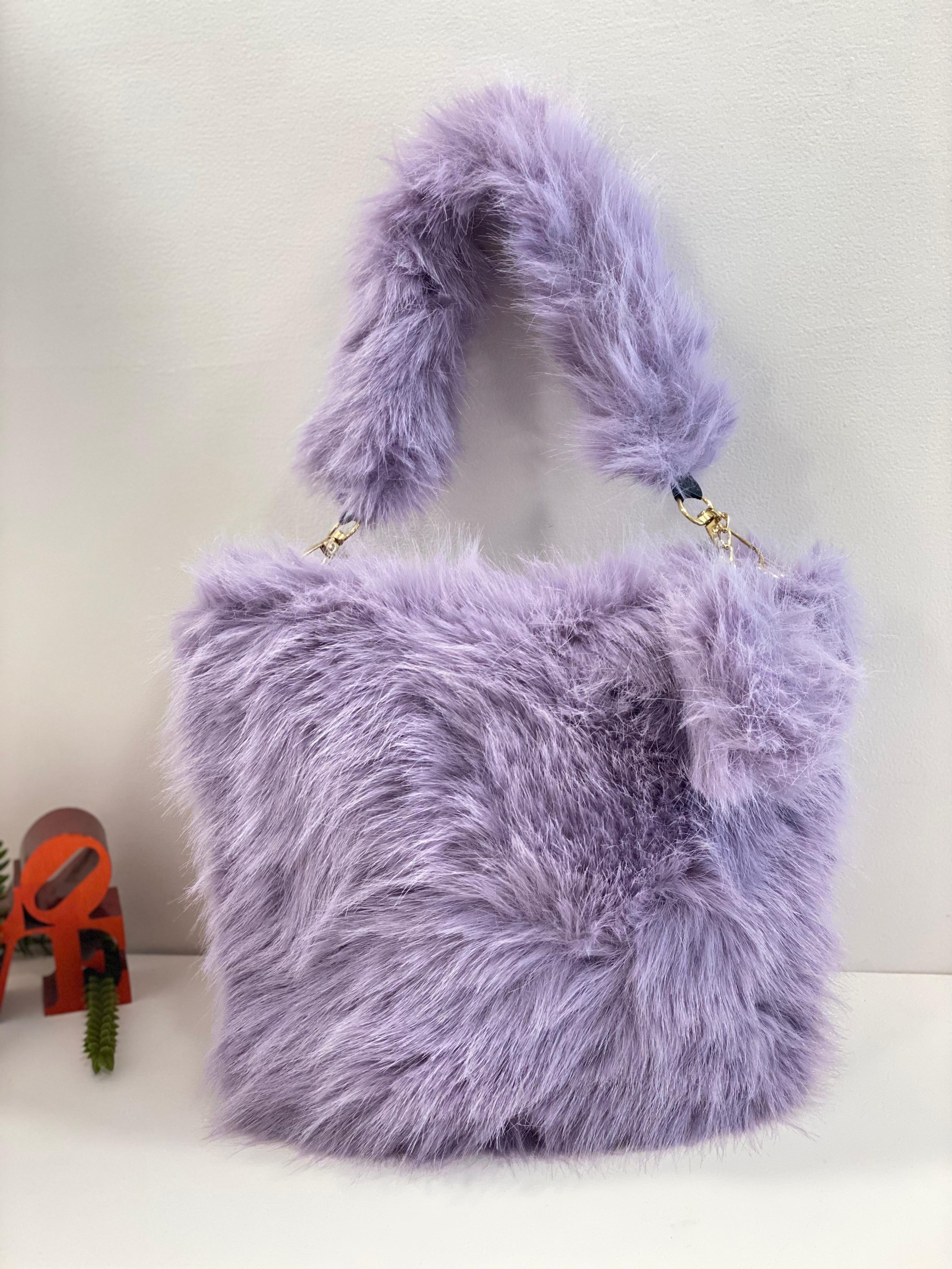 Cute Fluffy Faux Fur Handbag with Pom Pom Charm – Soft Plush Mini Tote Bag for Girls & Women