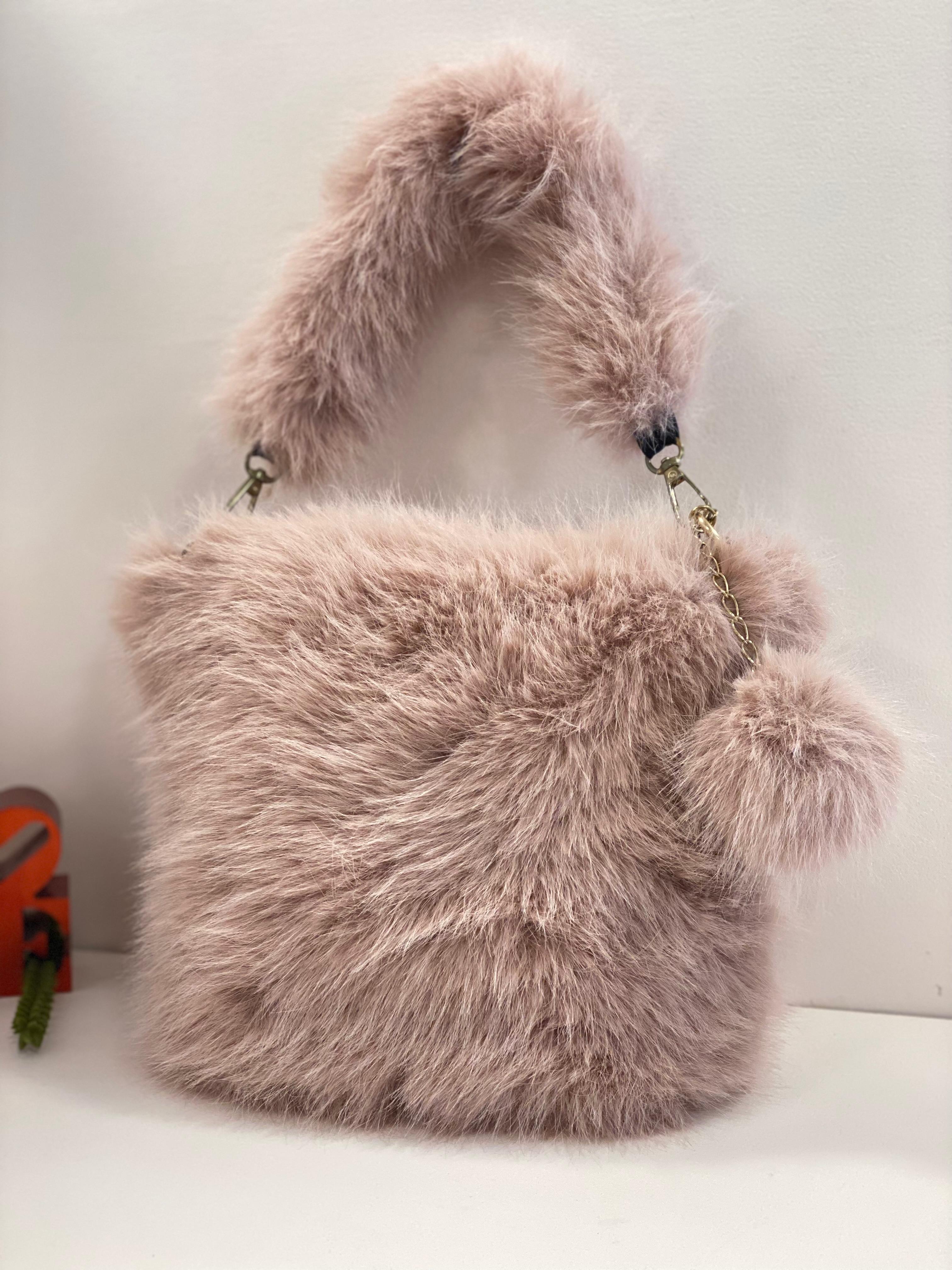 Cute Fluffy Faux Fur Handbag with Pom Pom Charm – Soft Plush Mini Tote Bag for Girls & Women