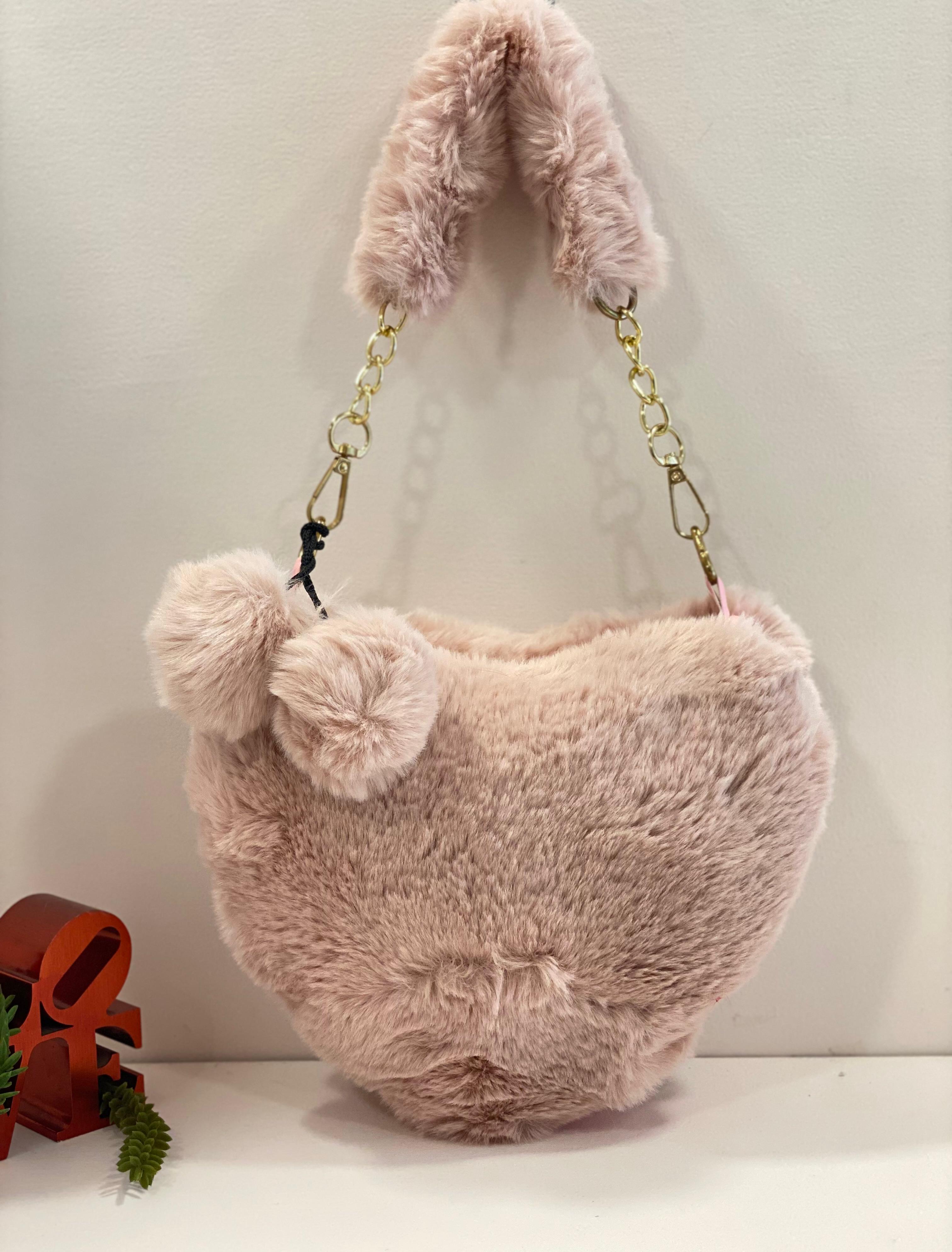 Cute Fluffy Faux Fur Shoulder Bag with Pom Pom – Soft Plush Aesthetic Handbag for Girls