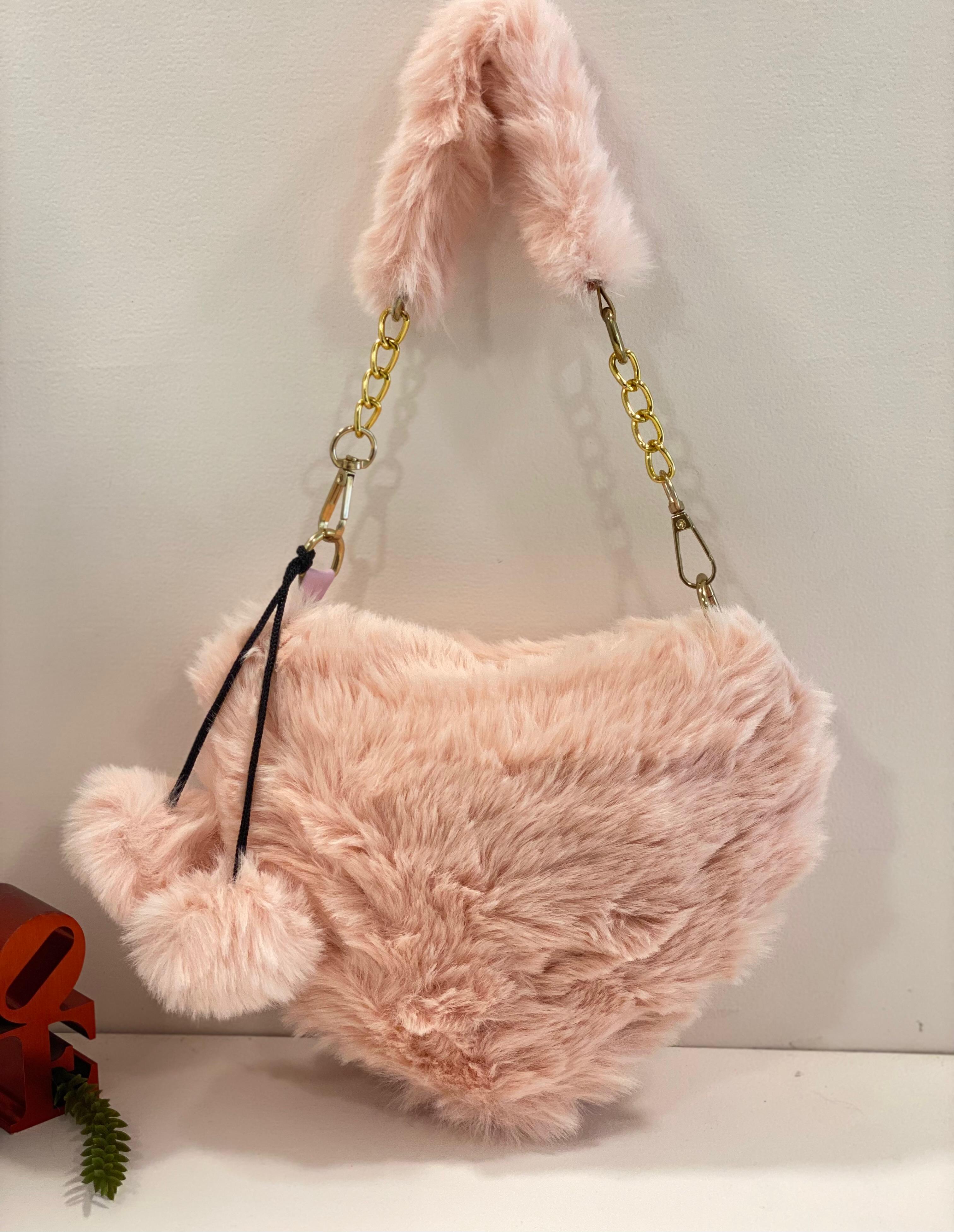 Cute Fluffy Faux Fur Shoulder Bag with Pom Pom – Soft Plush Aesthetic Handbag for Girls