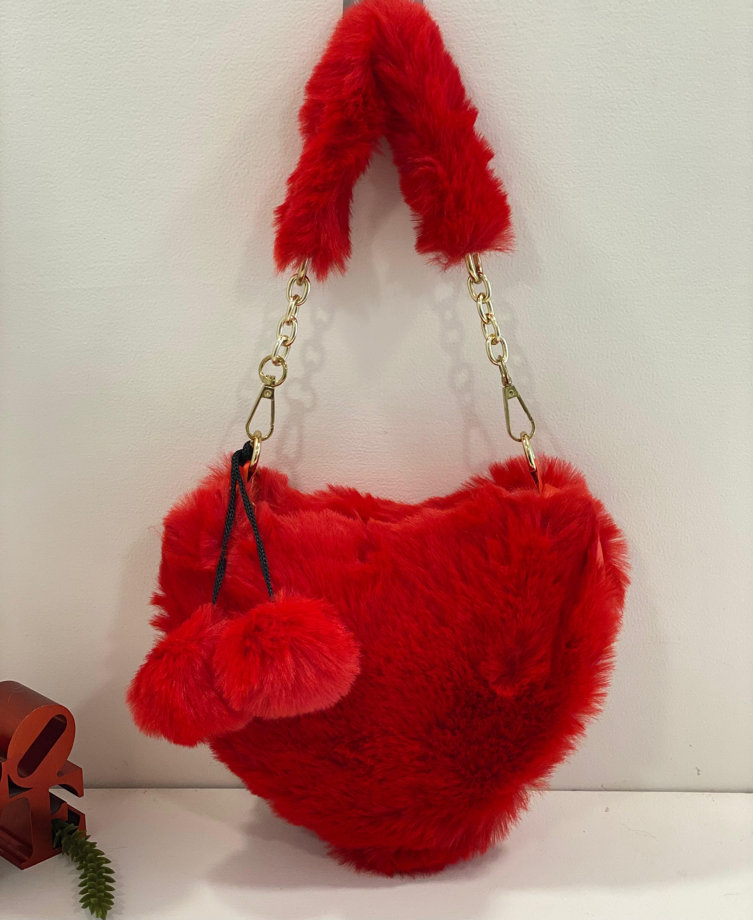 Cute Fluffy Faux Fur Shoulder Bag with Pom Pom – Soft Plush Aesthetic Handbag for Girls