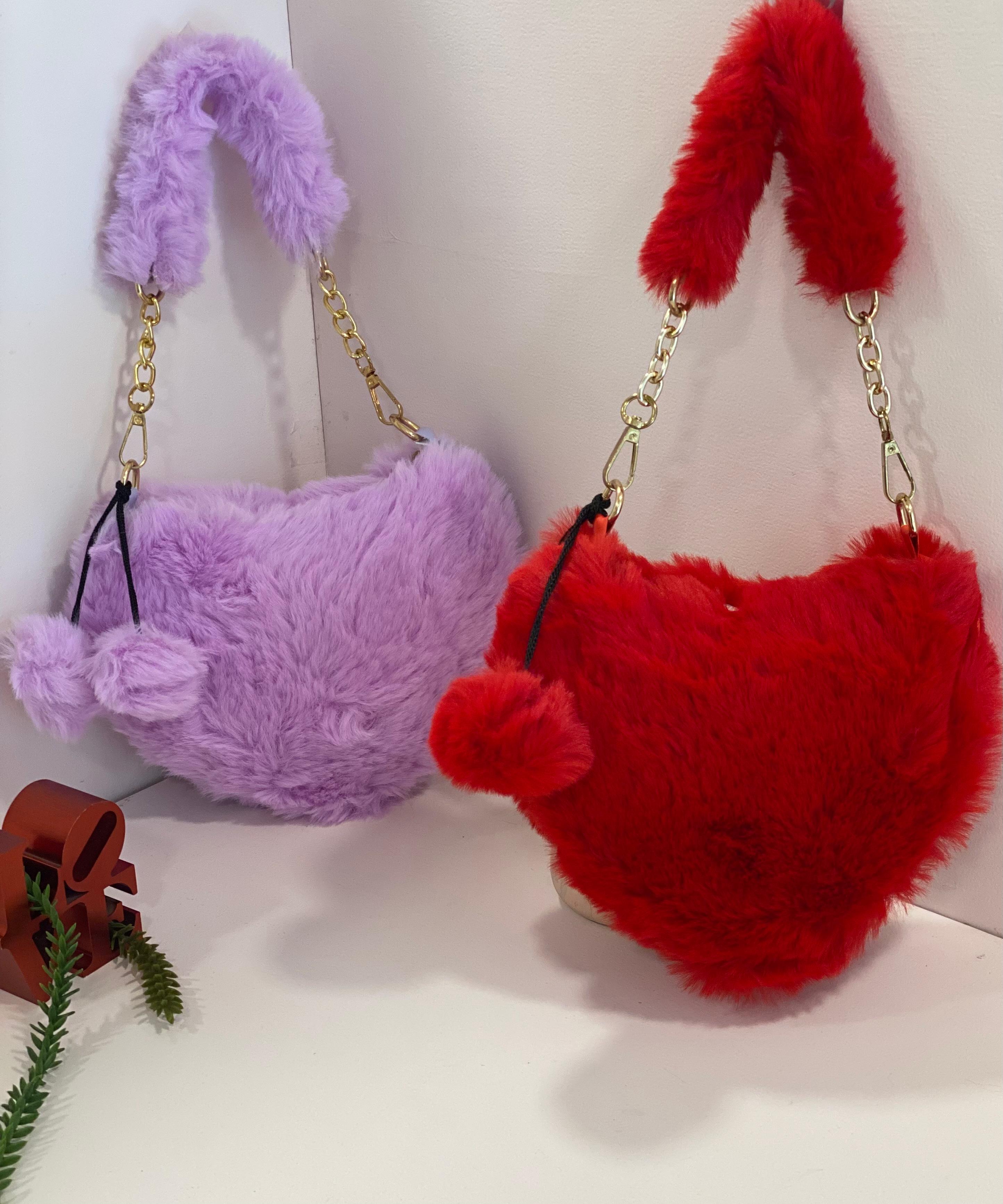 Cute Fluffy Faux Fur Shoulder Bag with Pom Pom – Soft Plush Aesthetic Handbag for Girls