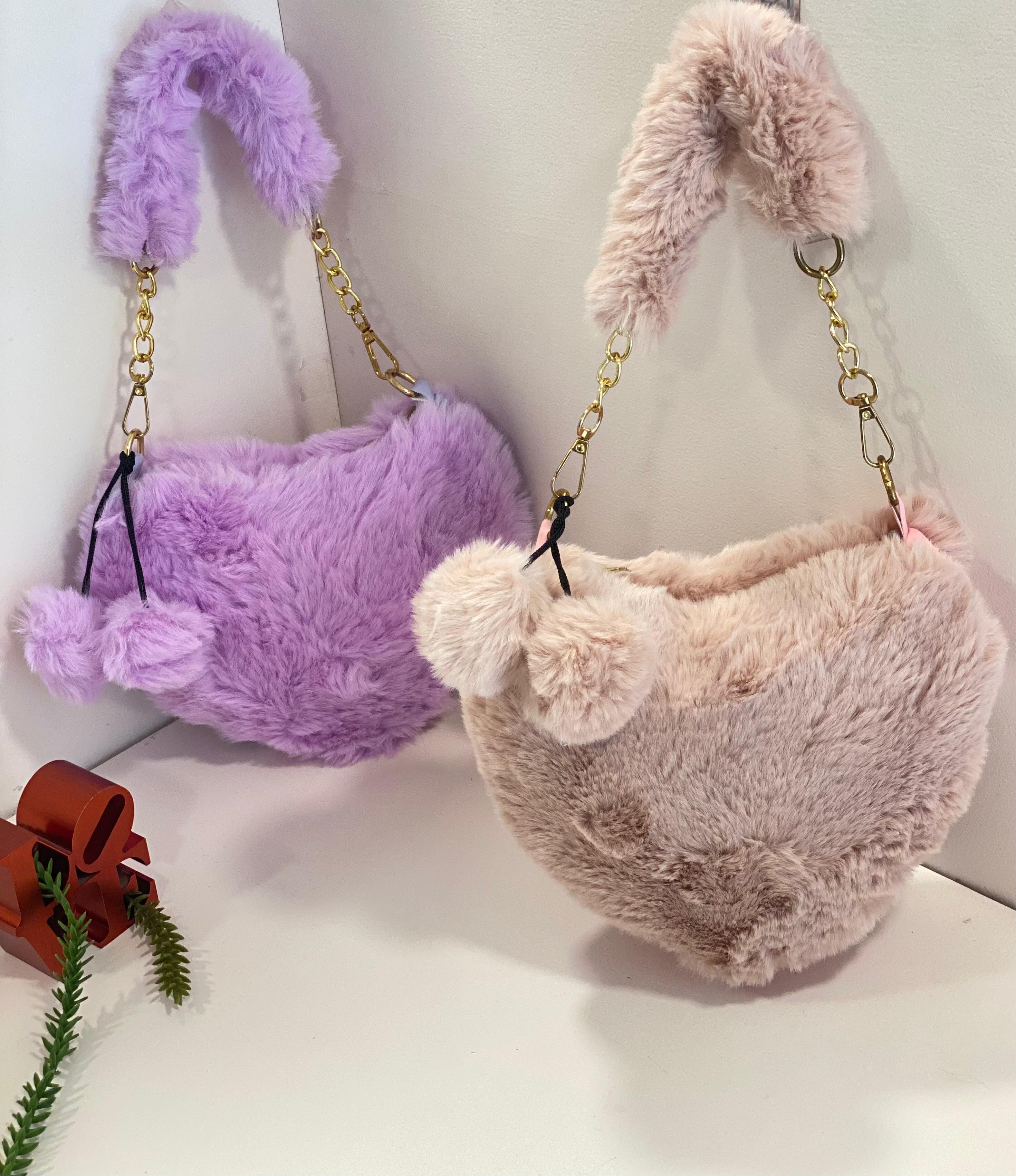 Cute Fluffy Faux Fur Shoulder Bag with Pom Pom – Soft Plush Aesthetic Handbag for Girls