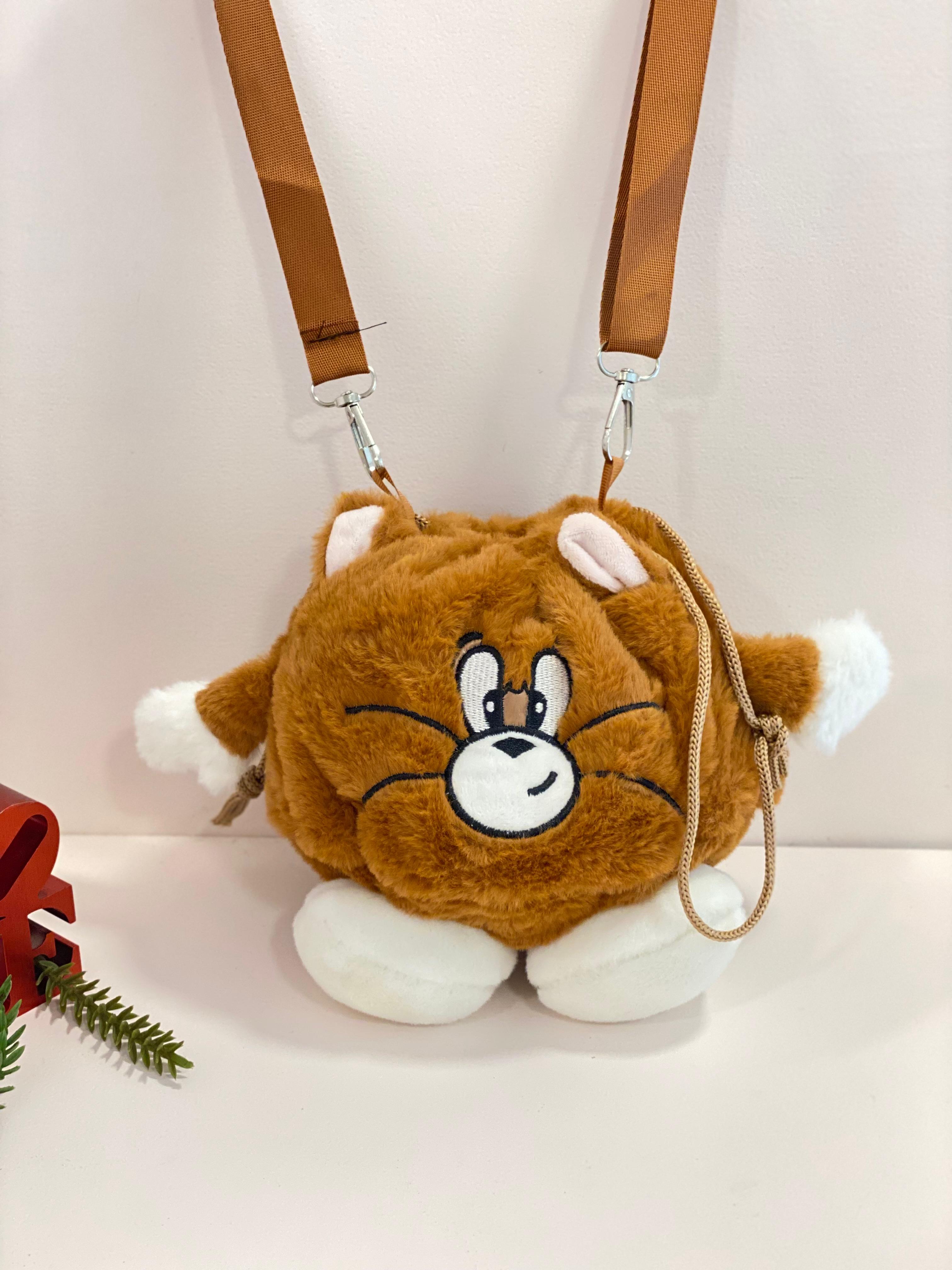 Cute Cartoon Cat Plush Crossbody Bag – Soft Kawaii Animal Drawstring Shoulder Bag for Kids & Girls