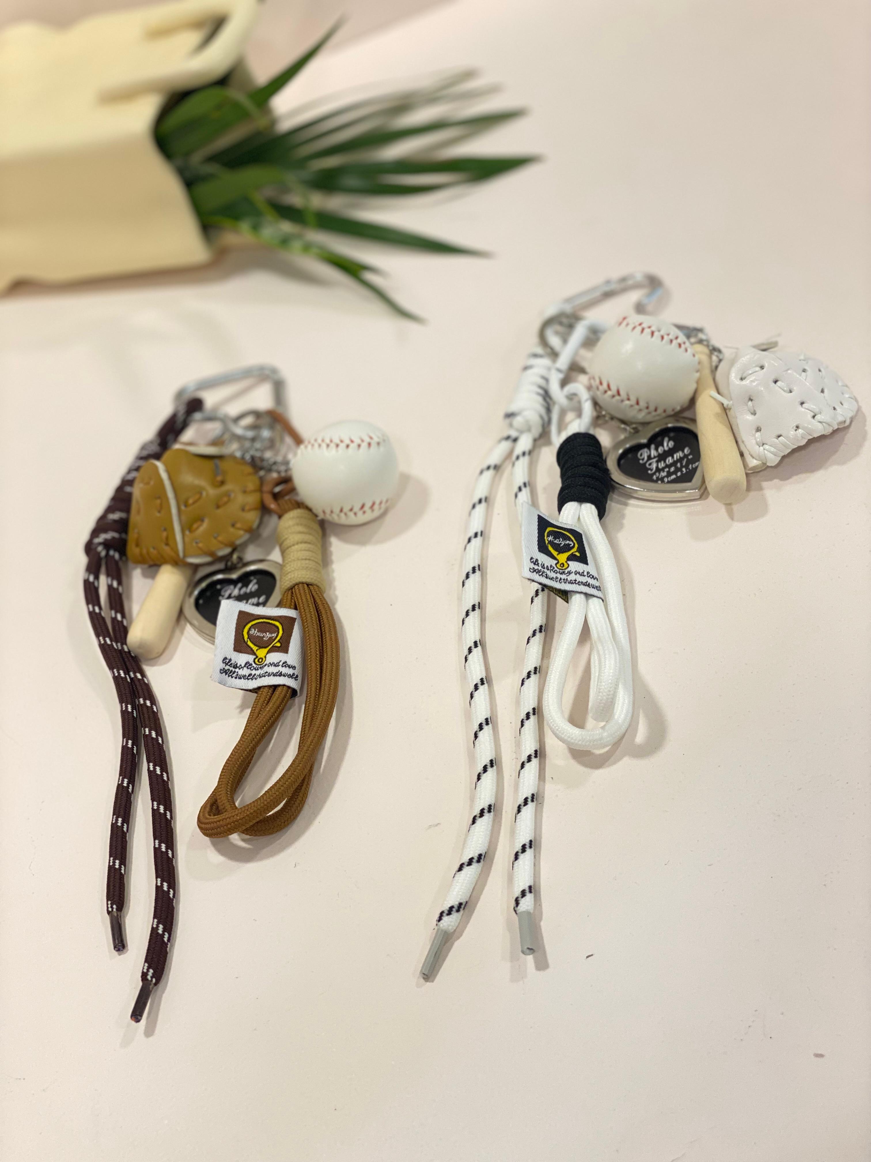 Baseball Sports Keychain Charm – Bat, Ball & Glove Bag Charm with Heart Clip & Rope Strap