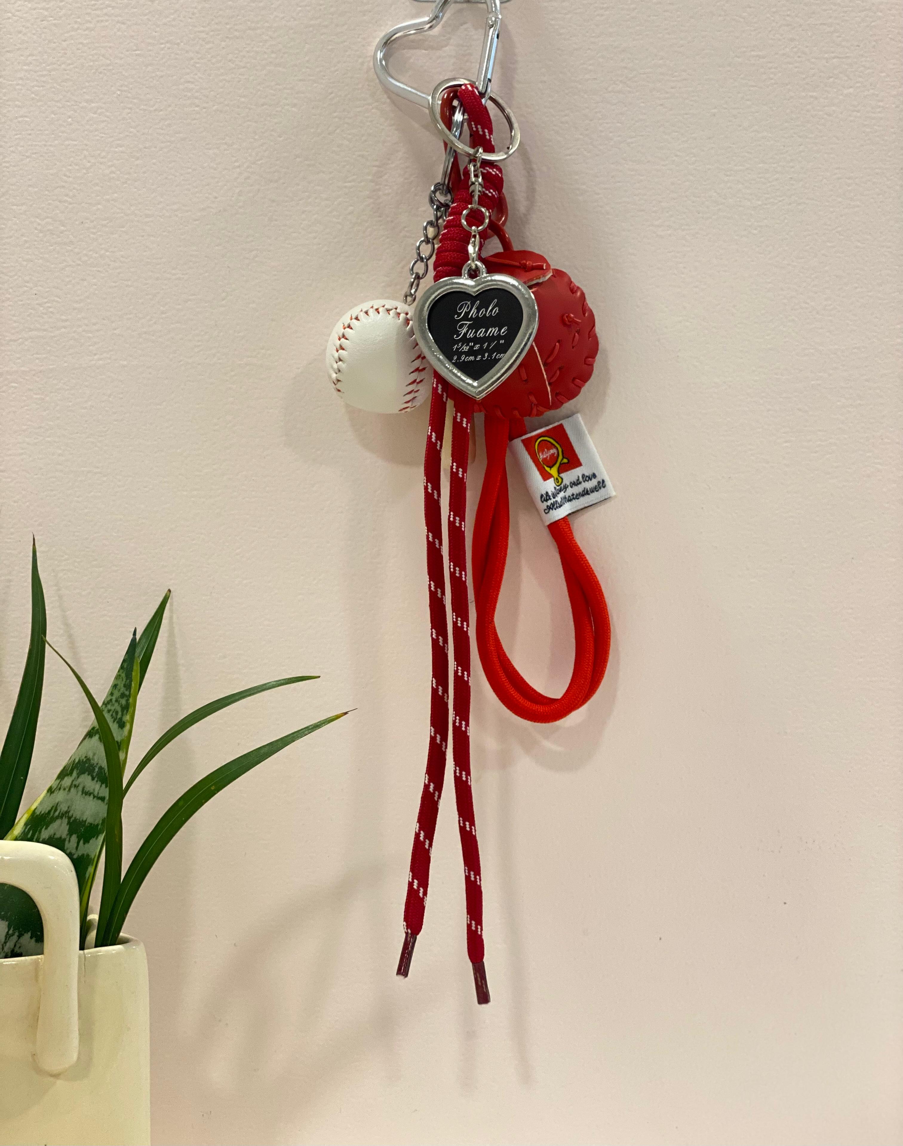 Baseball Sports Keychain Charm – Bat, Ball & Glove Bag Charm with Heart Clip & Rope Strap