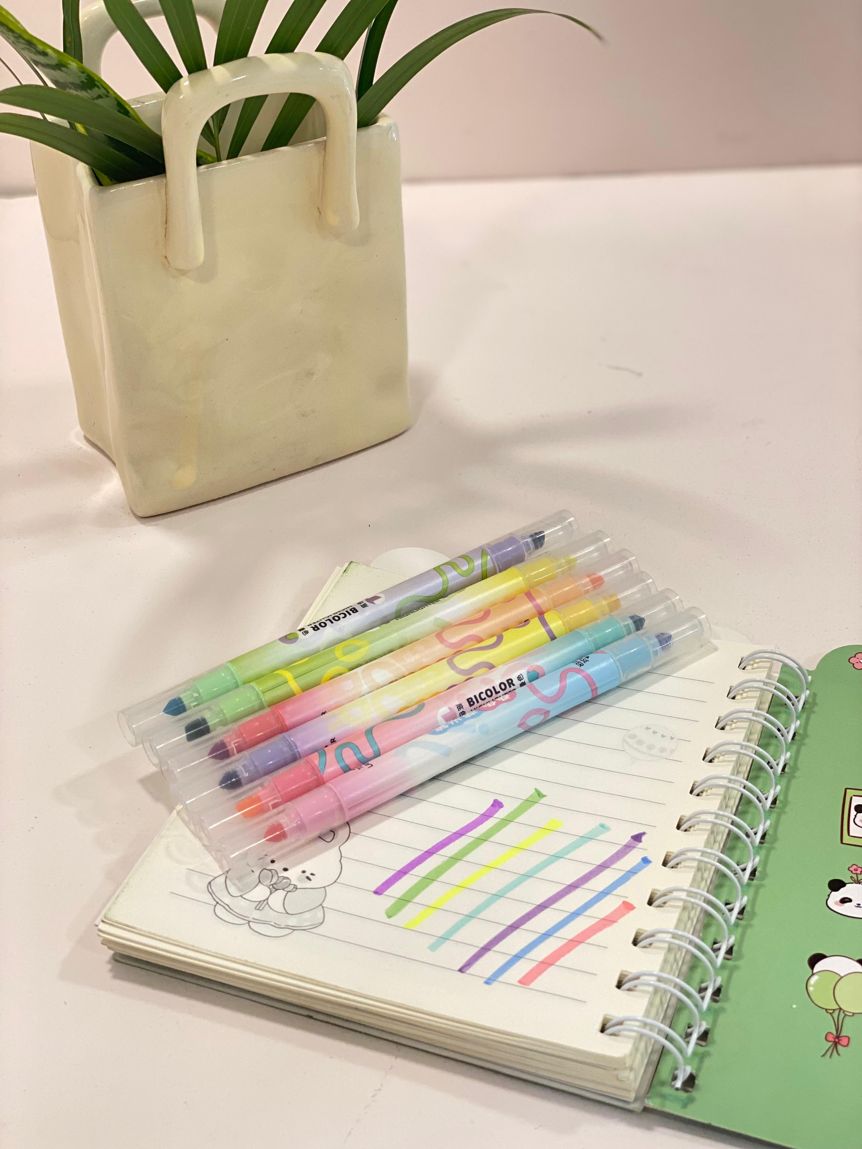 Pastel Dual Tip Highlighter Pens Set – Cute Bicolor Marker Pens for Notes, Journaling & Study
