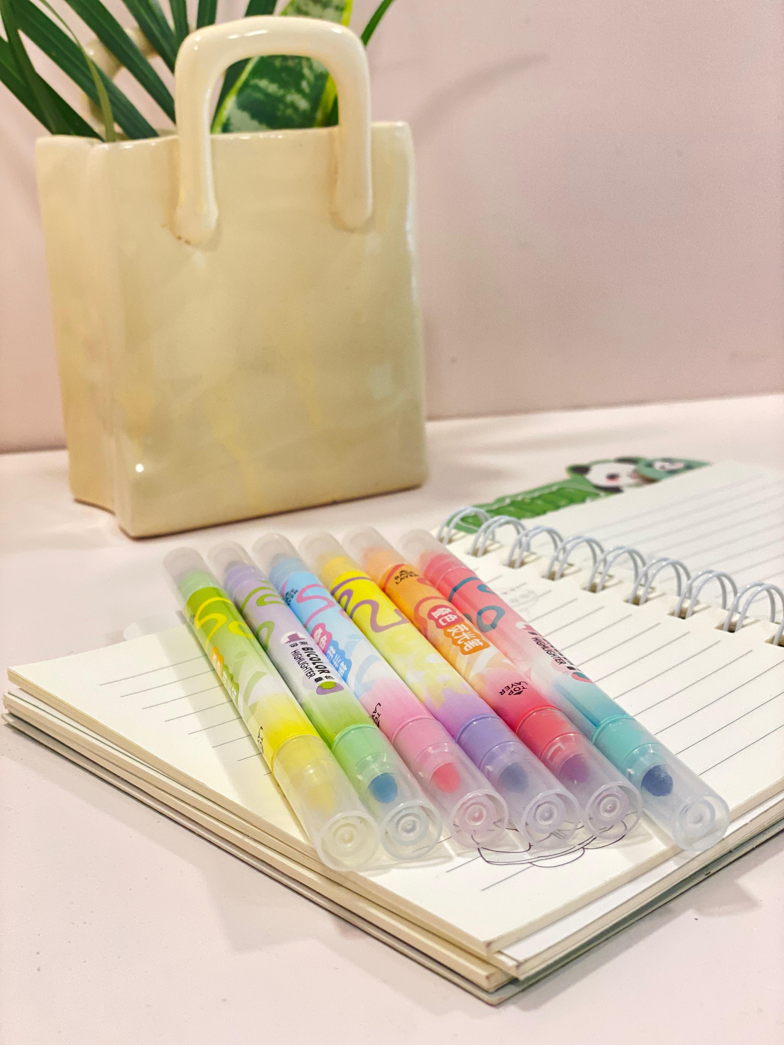 Pastel Dual Tip Highlighter Pens Set – Cute Bicolor Marker Pens for Notes, Journaling & Study