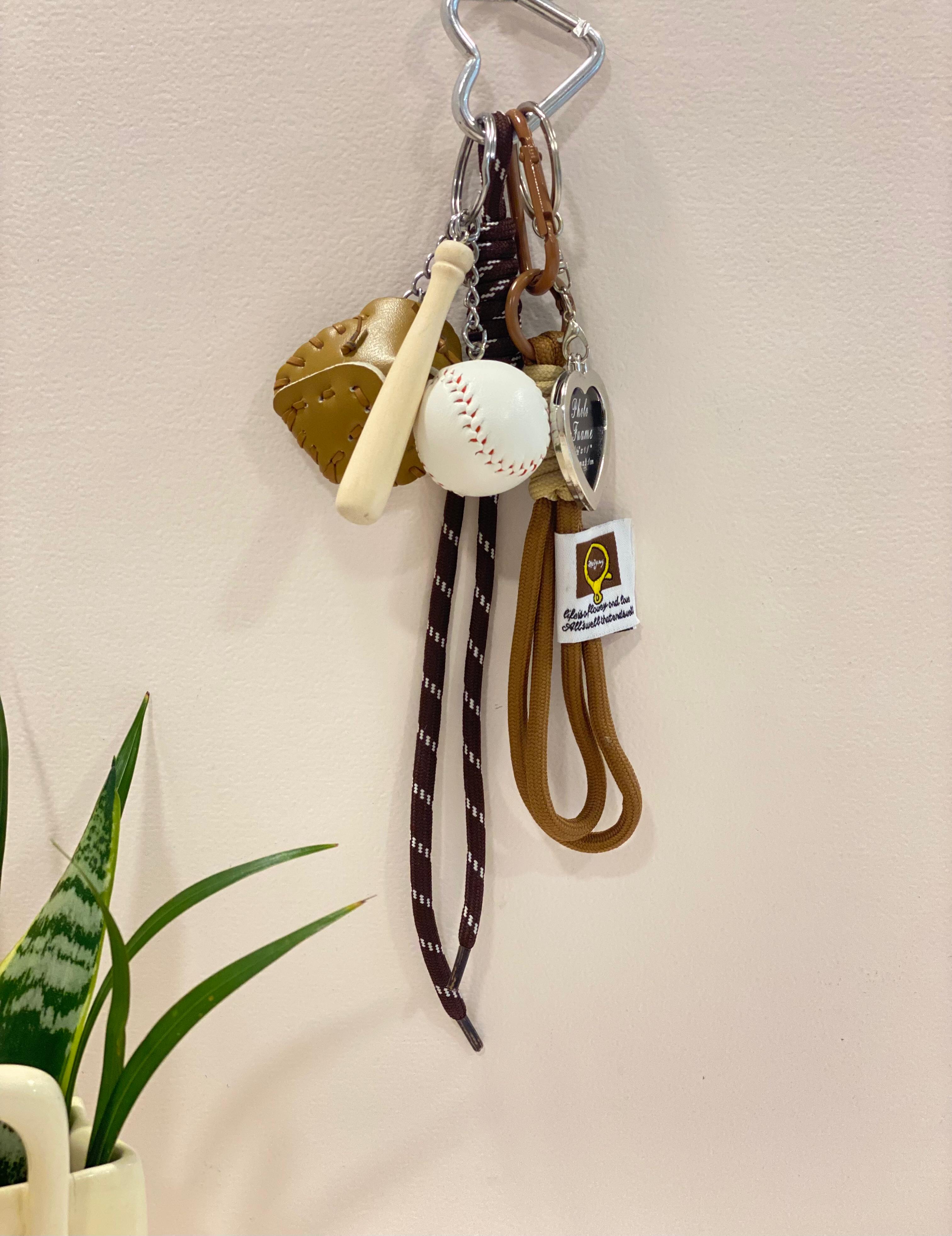 Baseball Sports Keychain Charm – Bat, Ball & Glove Bag Charm with Heart Clip & Rope Strap