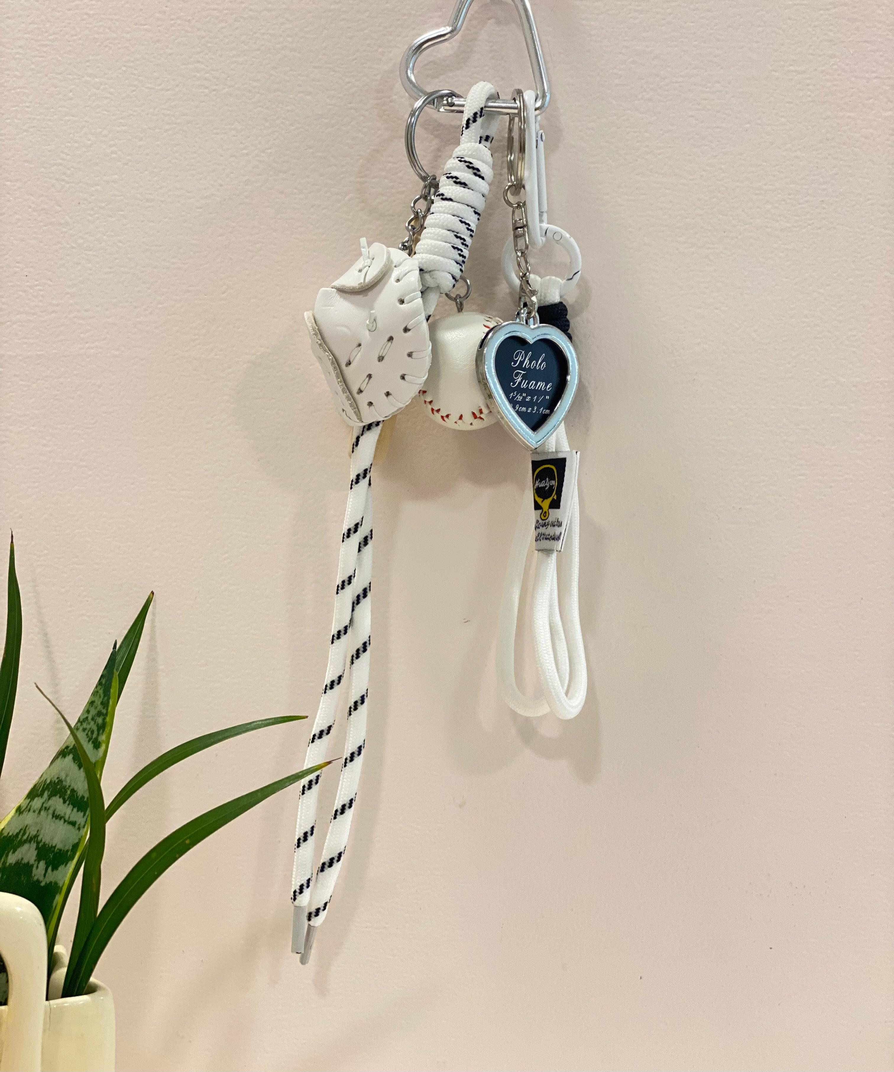 Baseball Sports Keychain Charm – Bat, Ball & Glove Bag Charm with Heart Clip & Rope Strap