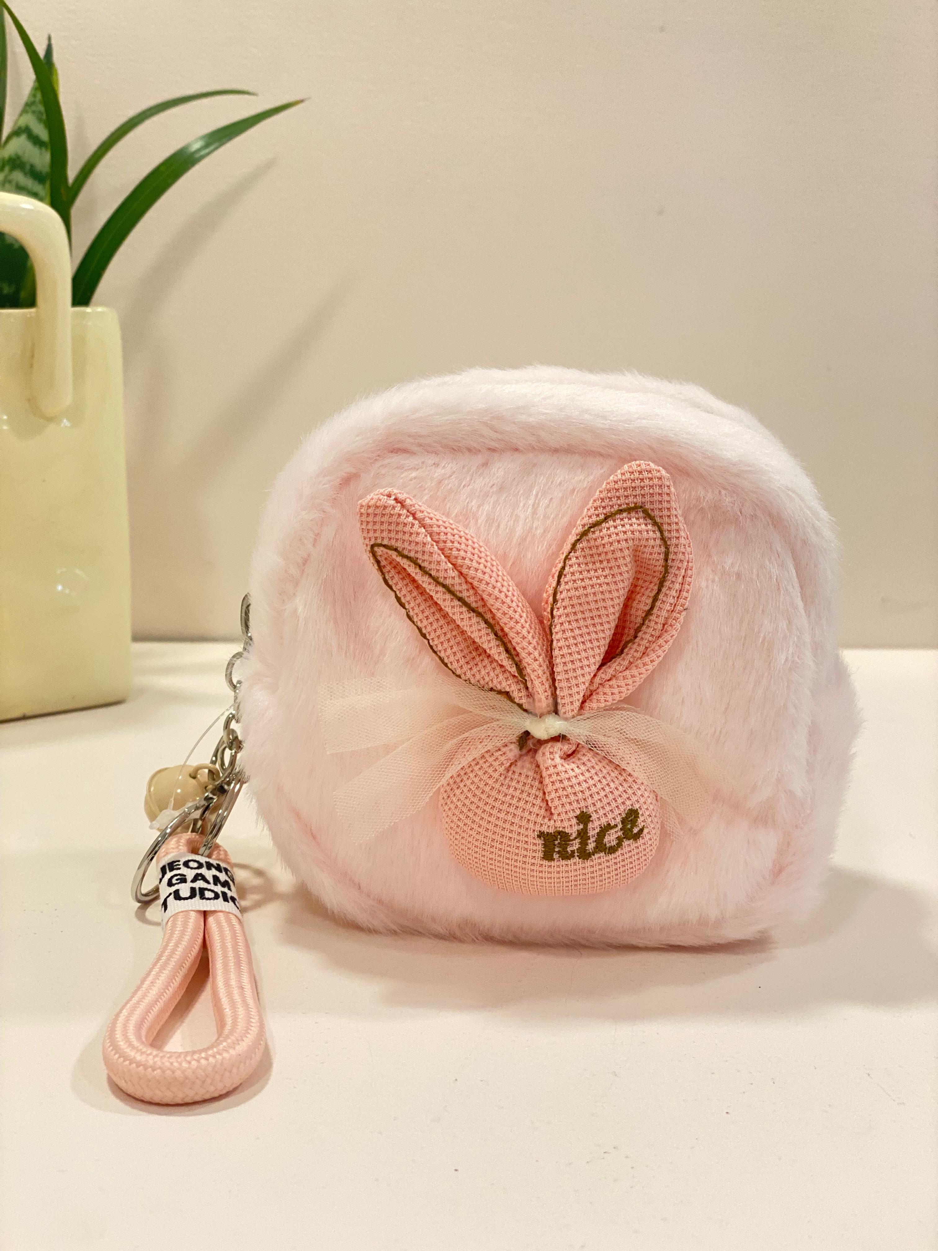 Cute Bunny Plush Mini Pouch Keychain – Kawaii Fur Coin Purse with Wrist Strap | Small Zipper Pouch
