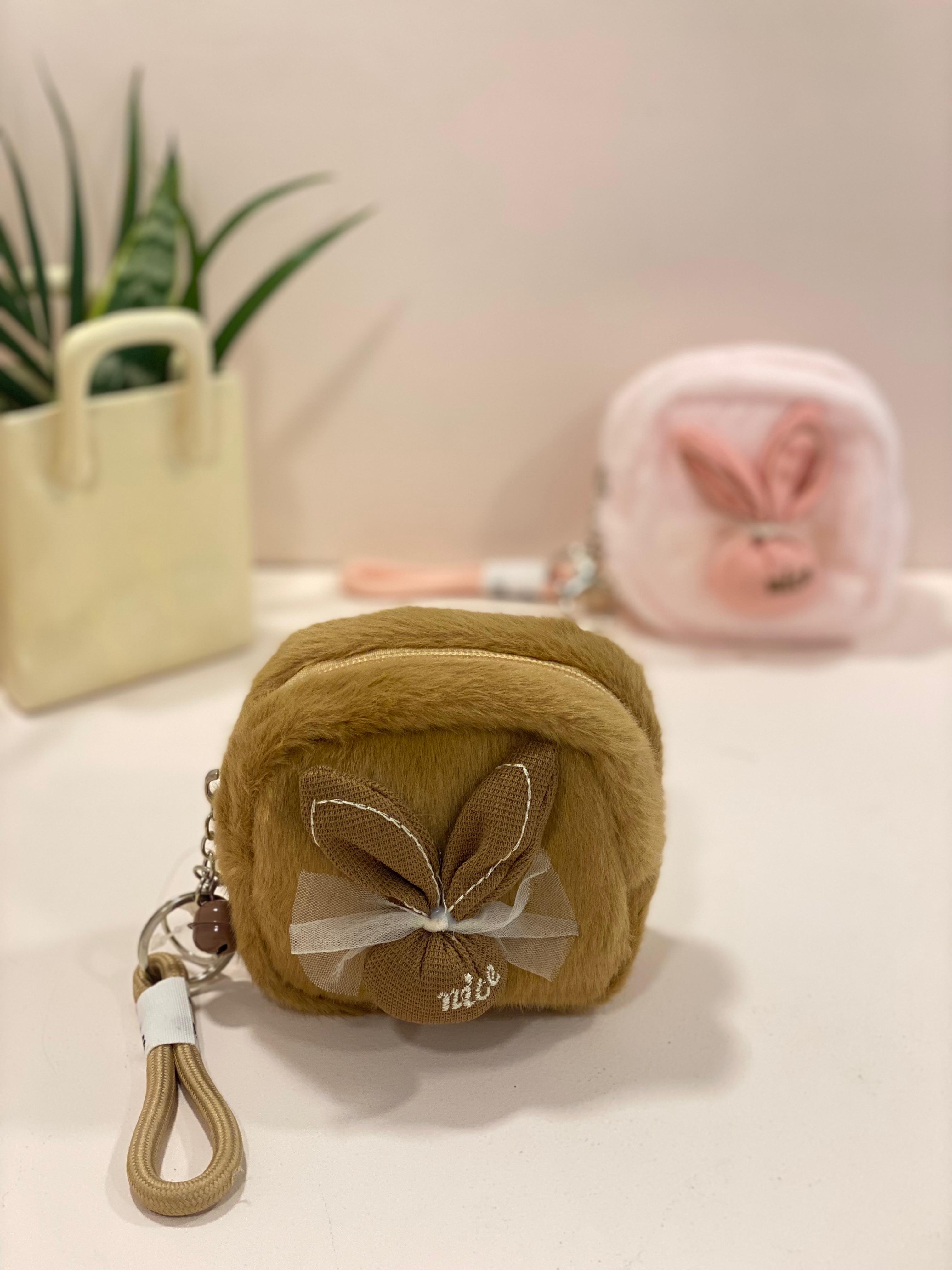 Cute Bunny Plush Mini Pouch Keychain – Kawaii Fur Coin Purse with Wrist Strap | Small Zipper Pouch