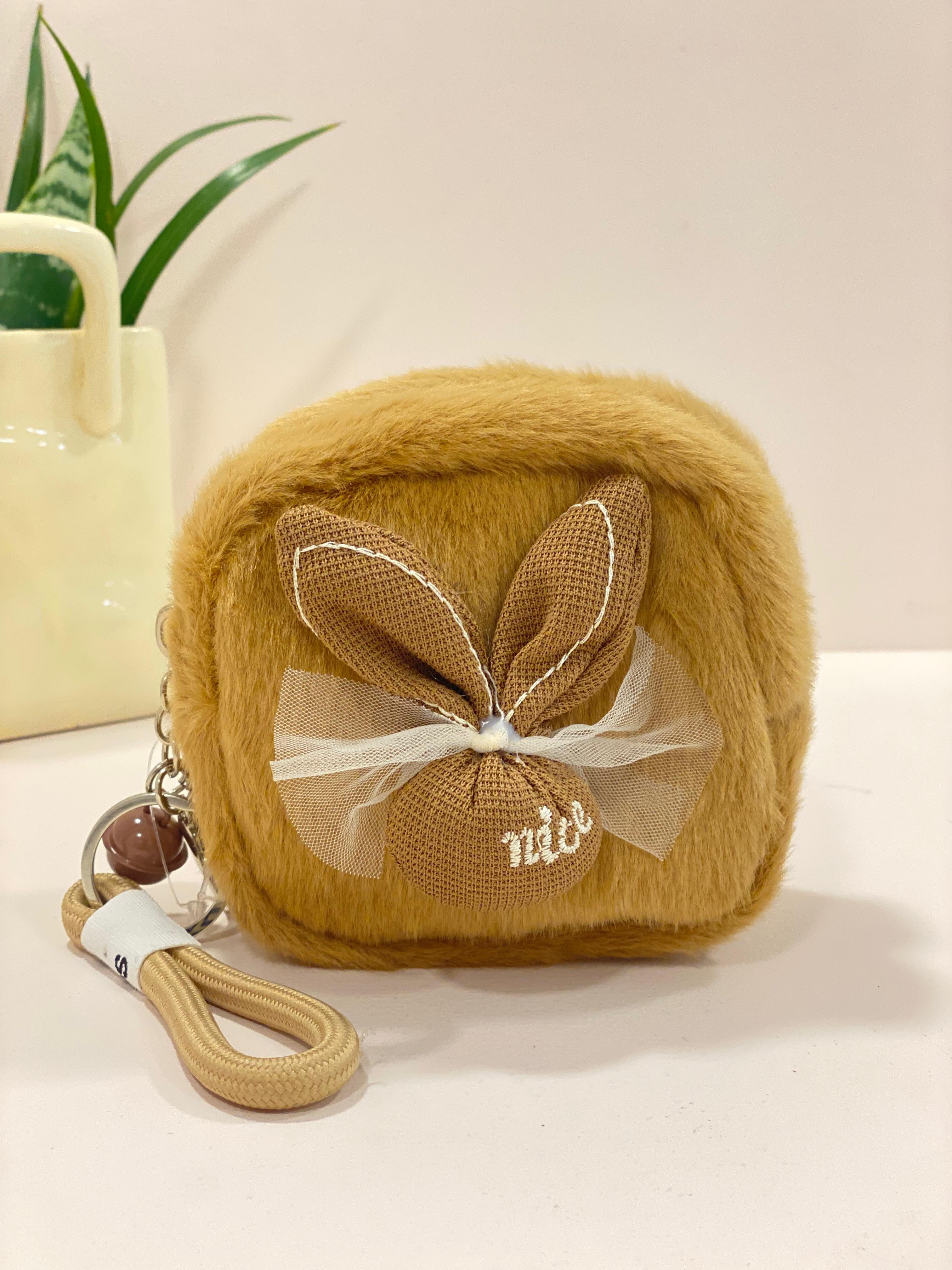 Cute Bunny Plush Mini Pouch Keychain – Kawaii Fur Coin Purse with Wrist Strap | Small Zipper Pouch