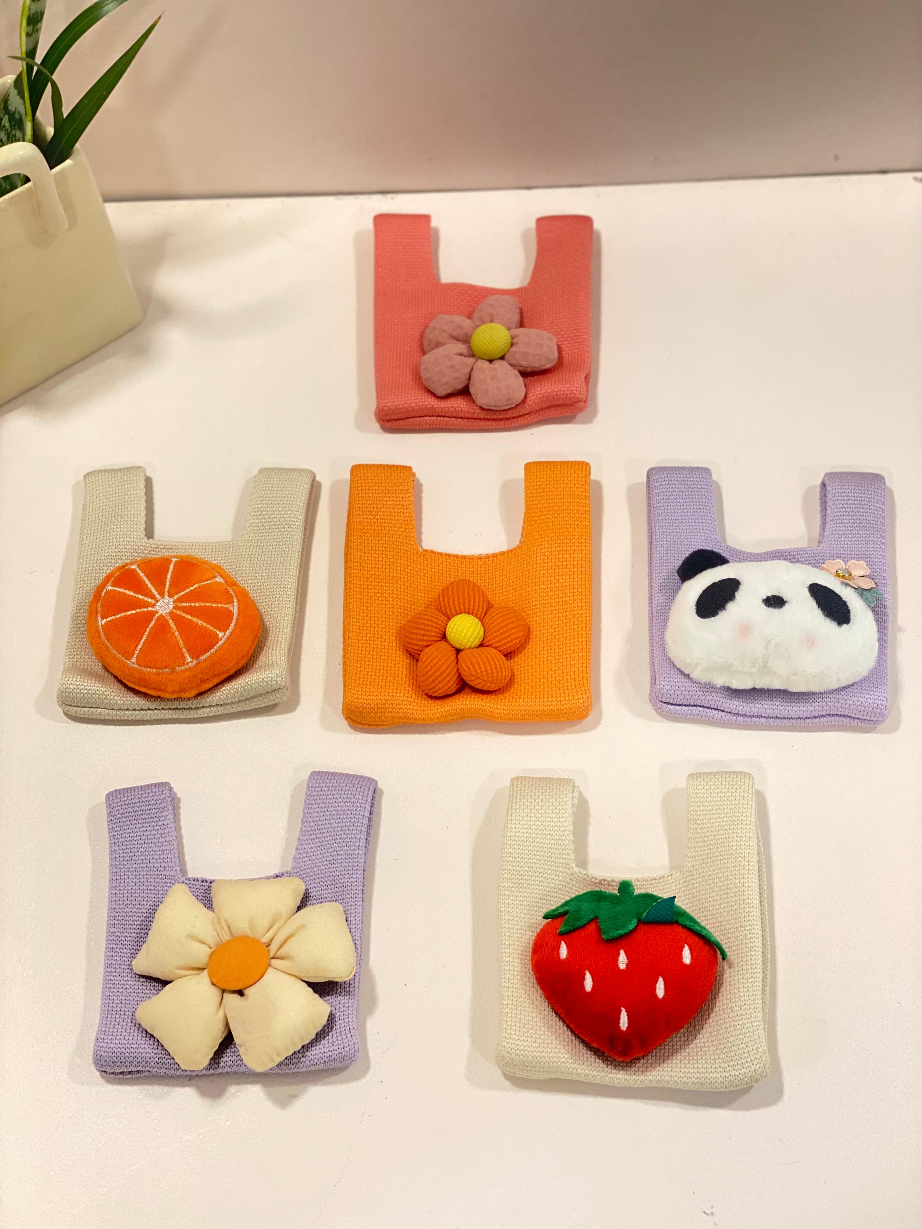 Cute Mini Tote Pouch Keychain – Kawaii Knitted Tiny Bag Coin Purse with Fruit & Panda Designs