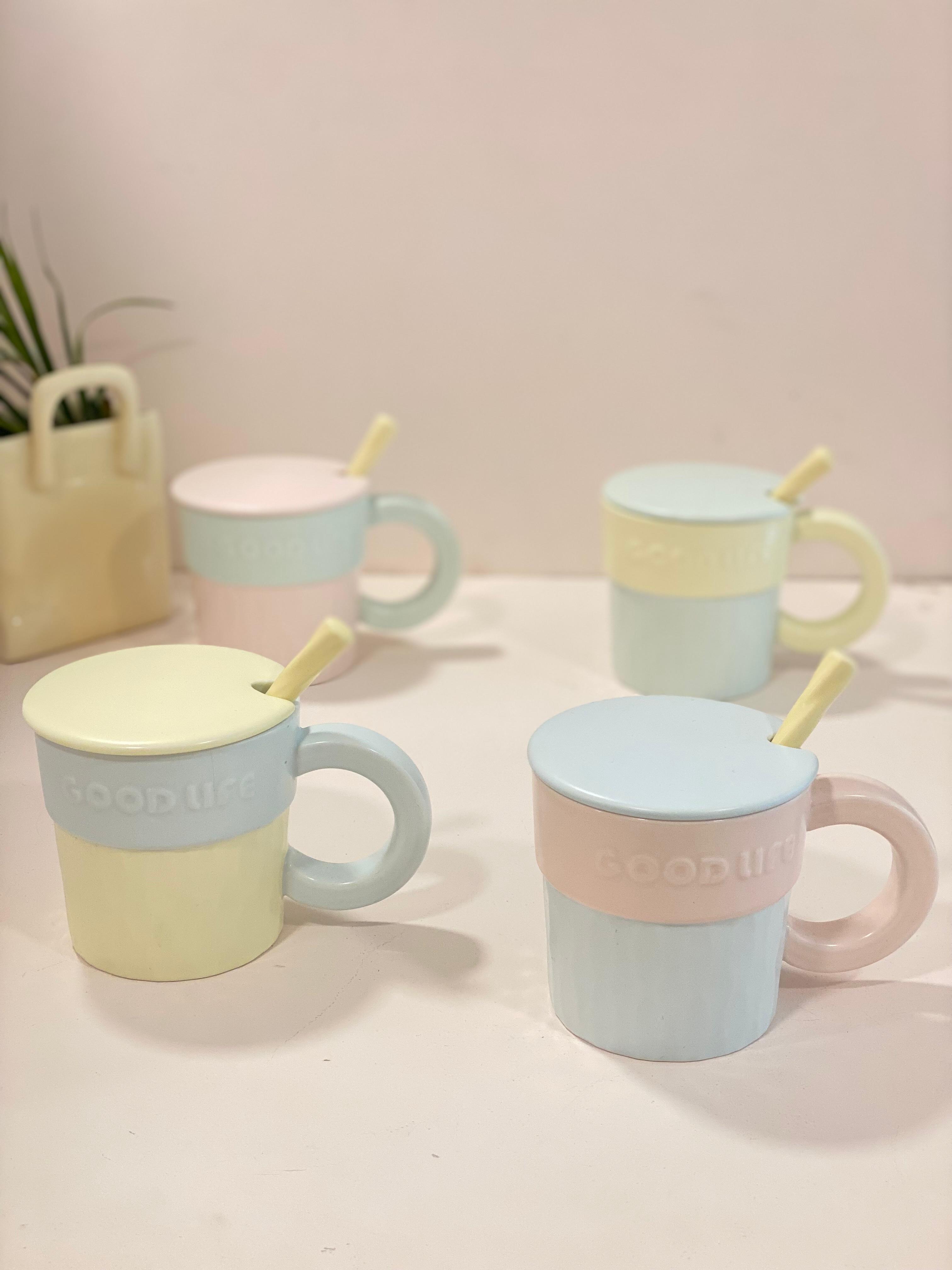 Pastel Ceramic Mug with Lid & Spoon – Cute Aesthetic Coffee Cup | Korean Style Tea Mug with Handle