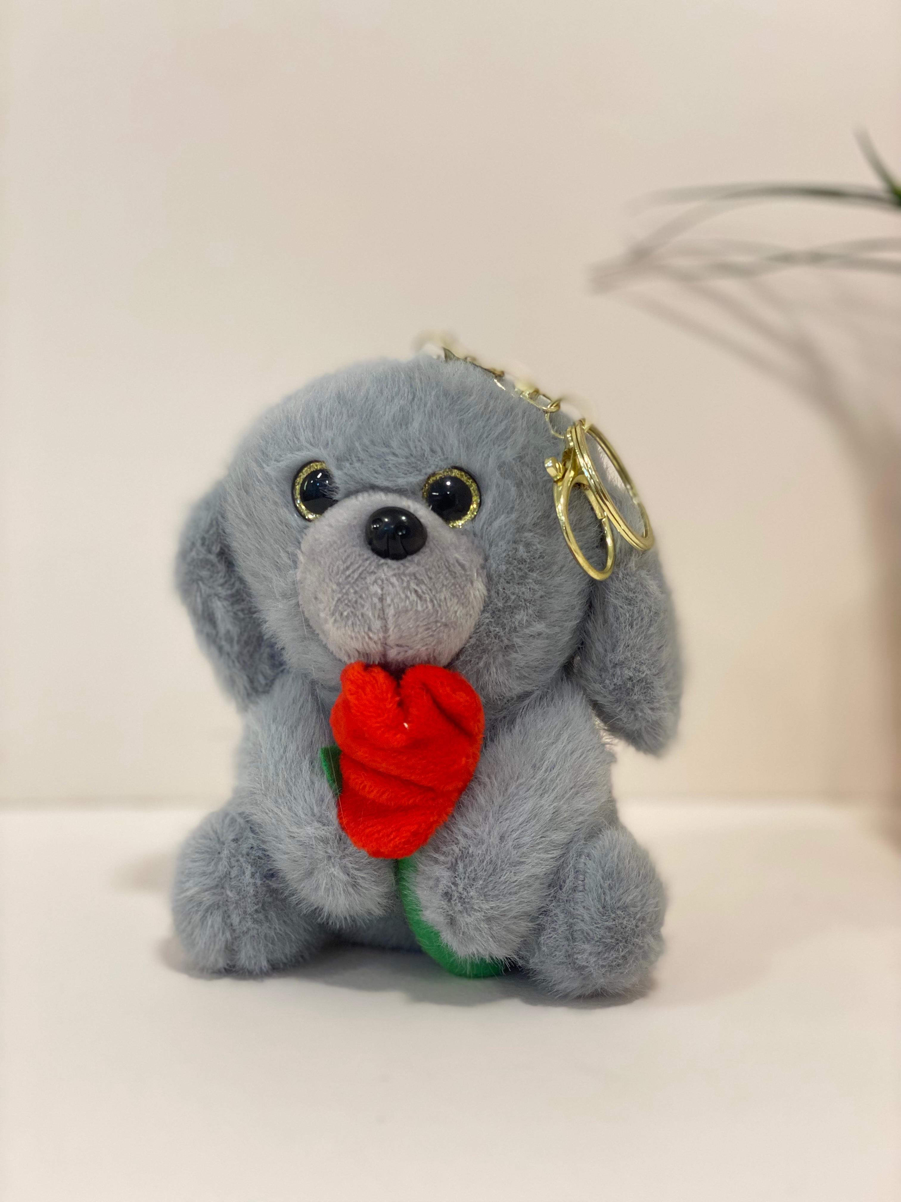 Rose-Bearing Puppy Plush Bag Charm & Keychain