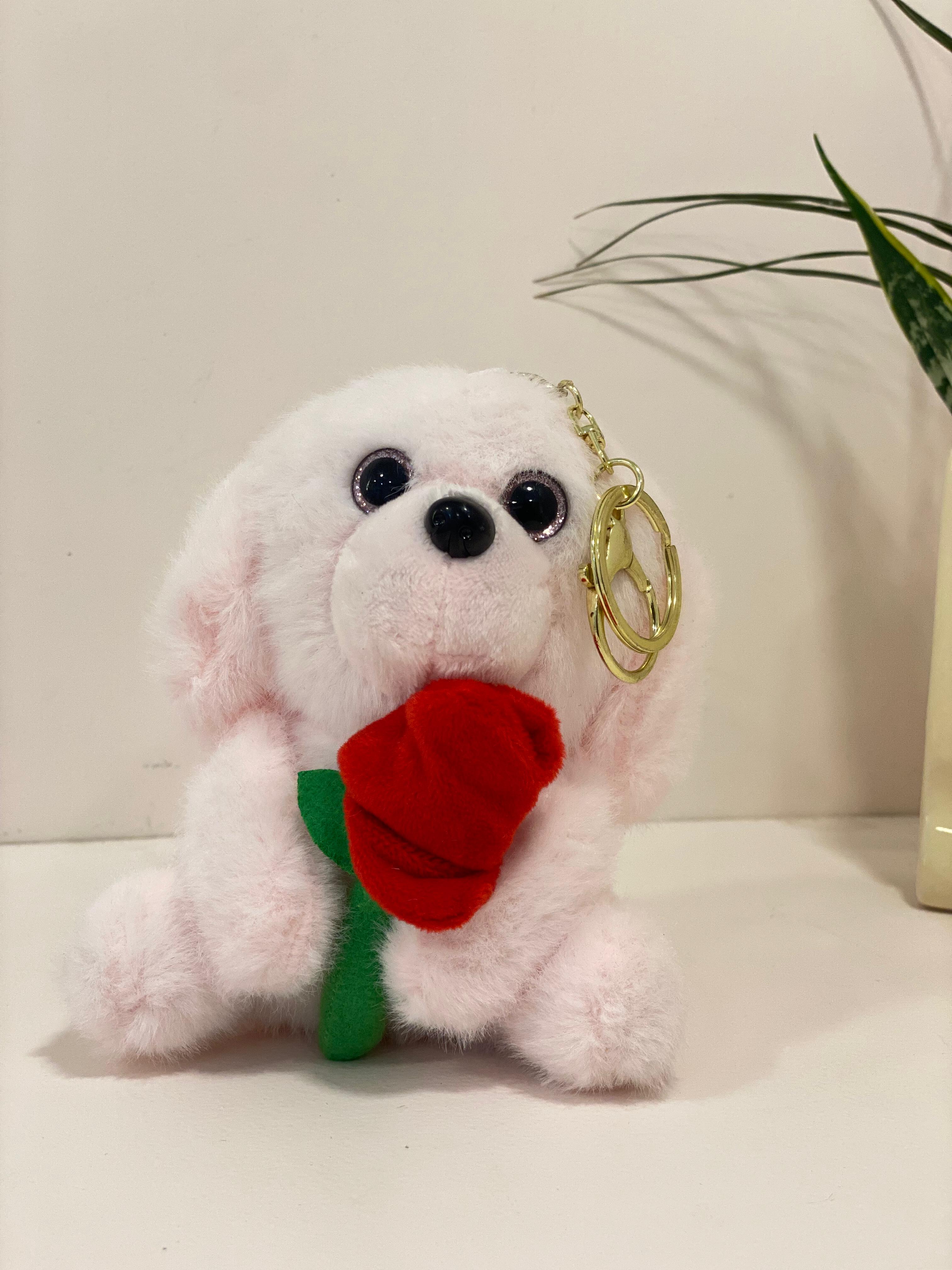 Rose-Bearing Puppy Plush Bag Charm & Keychain