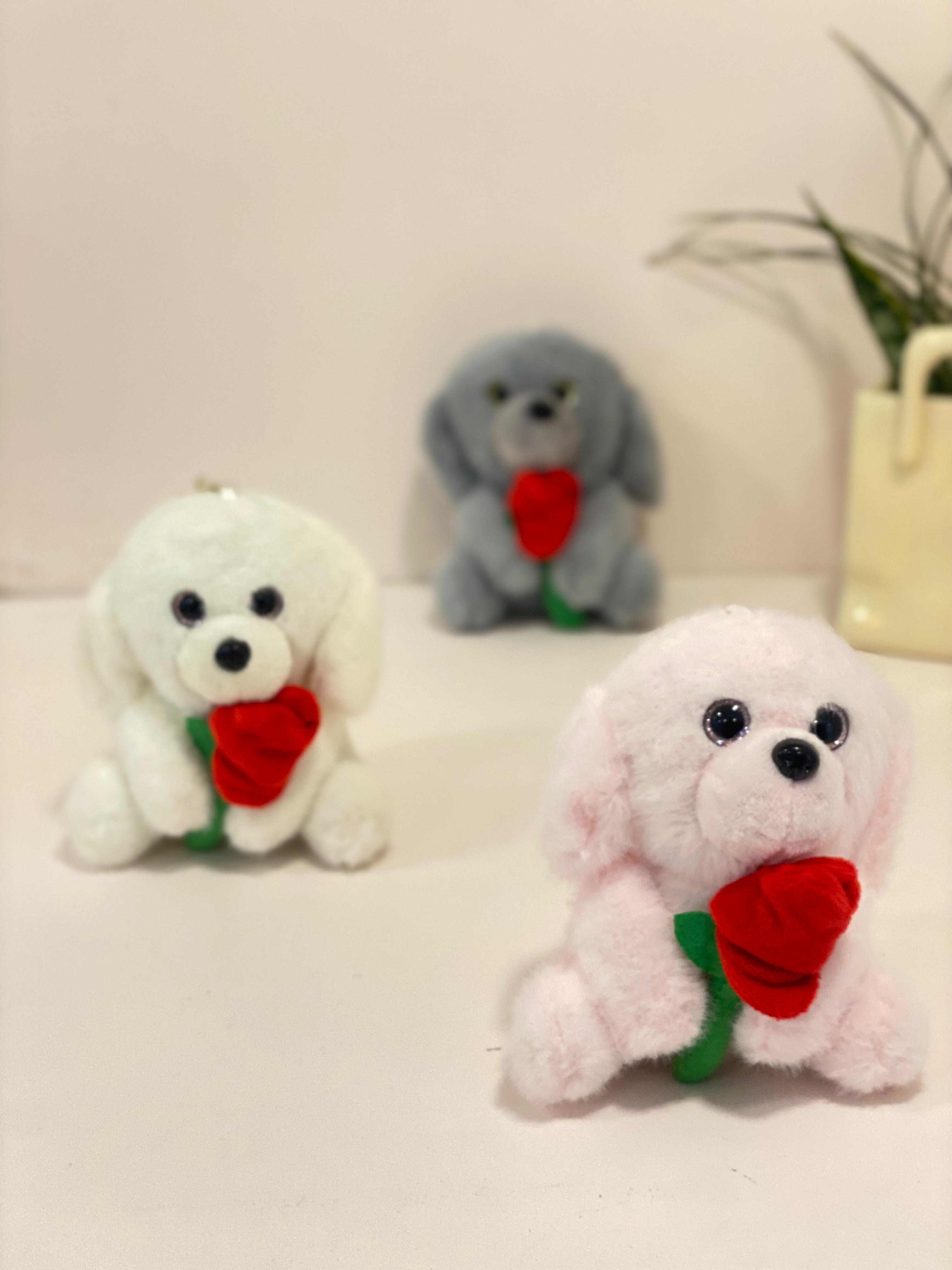 Rose-Bearing Puppy Plush Bag Charm & Keychain