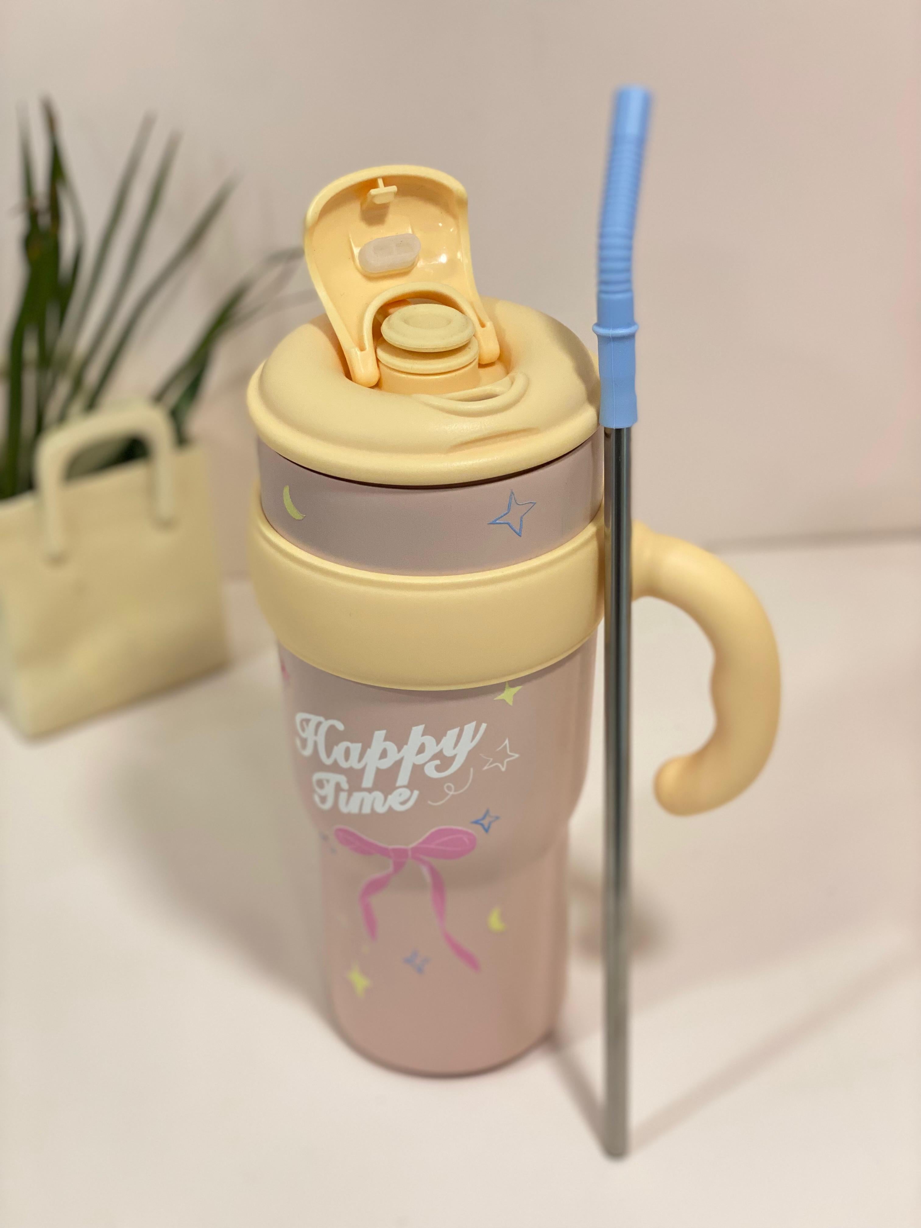 Pastel "Happy Time" Thermal Travel Mug with Straw & Infuser