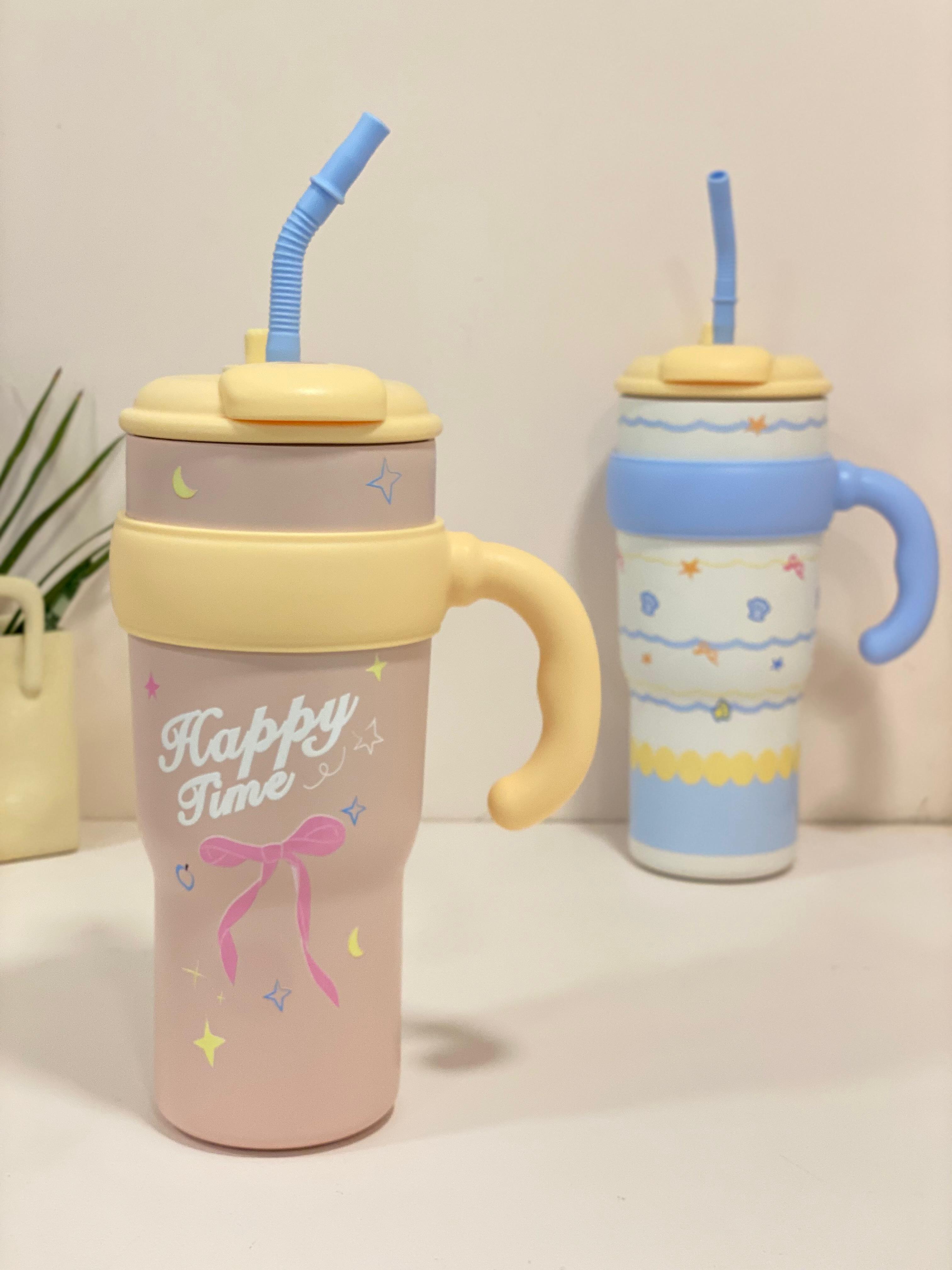 Pastel "Happy Time" Thermal Travel Mug with Straw & Infuser