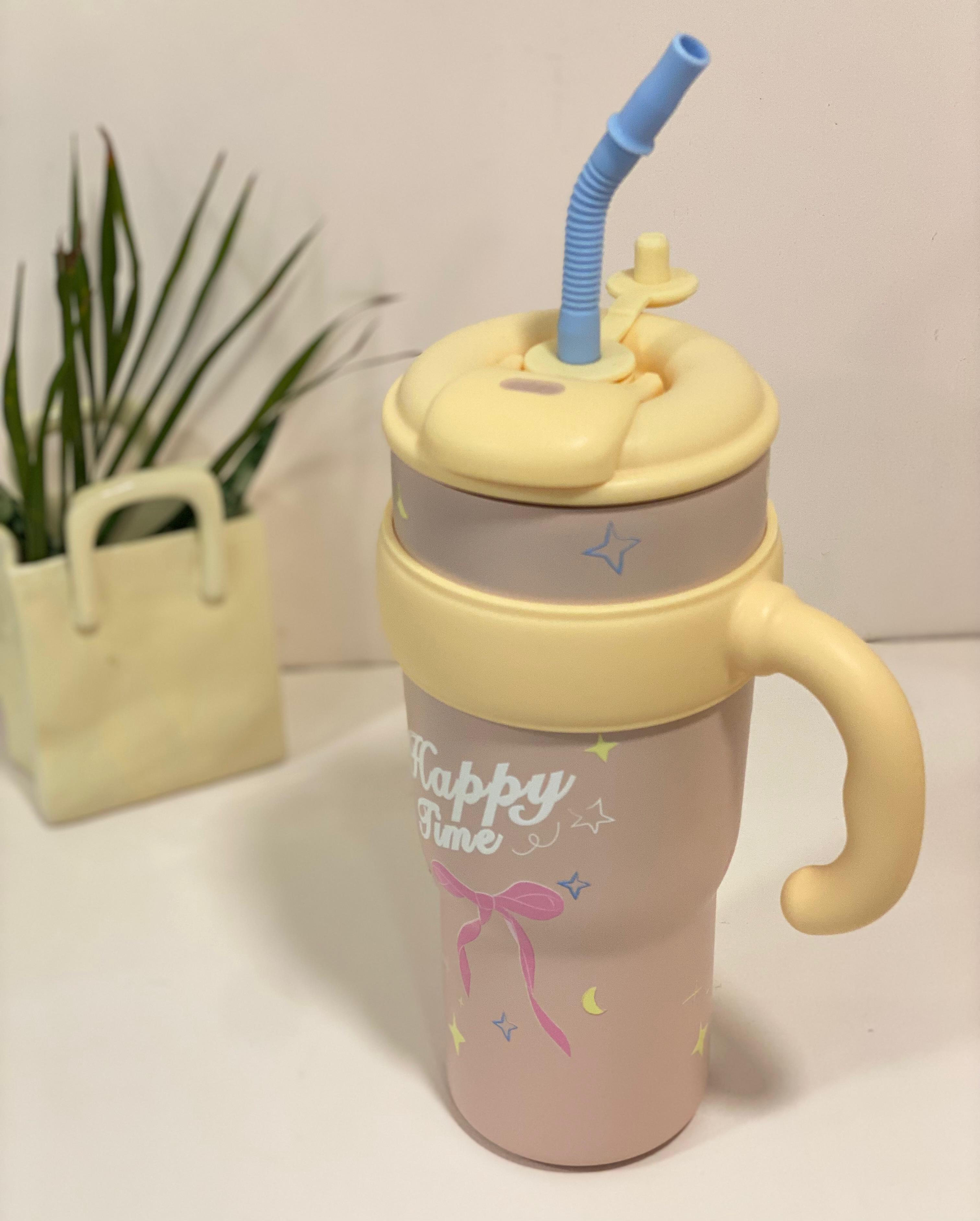 Pastel "Happy Time" Thermal Travel Mug with Straw & Infuser