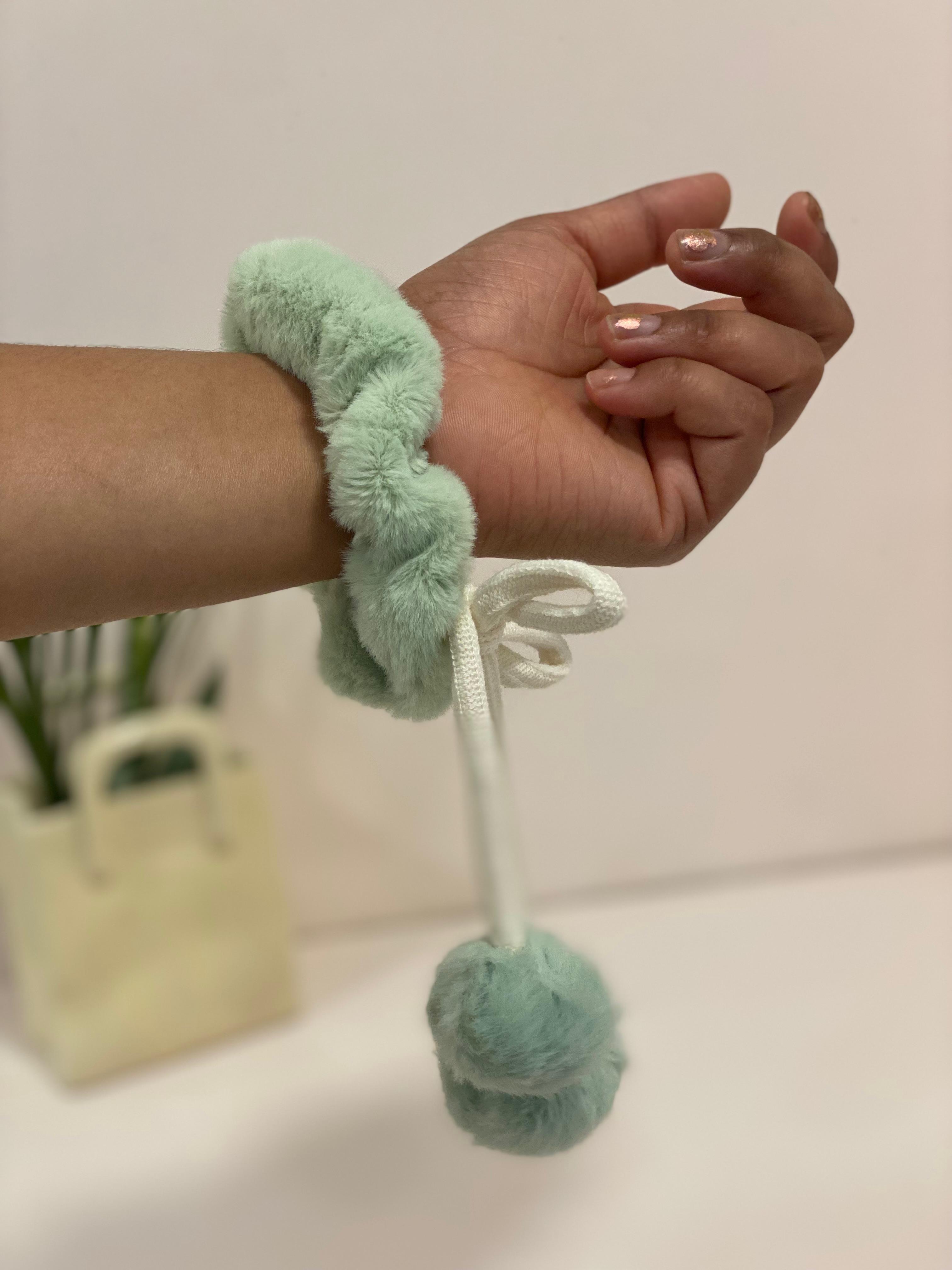 Plush Faux-Fur Pom-Pom Accent Scrunchie