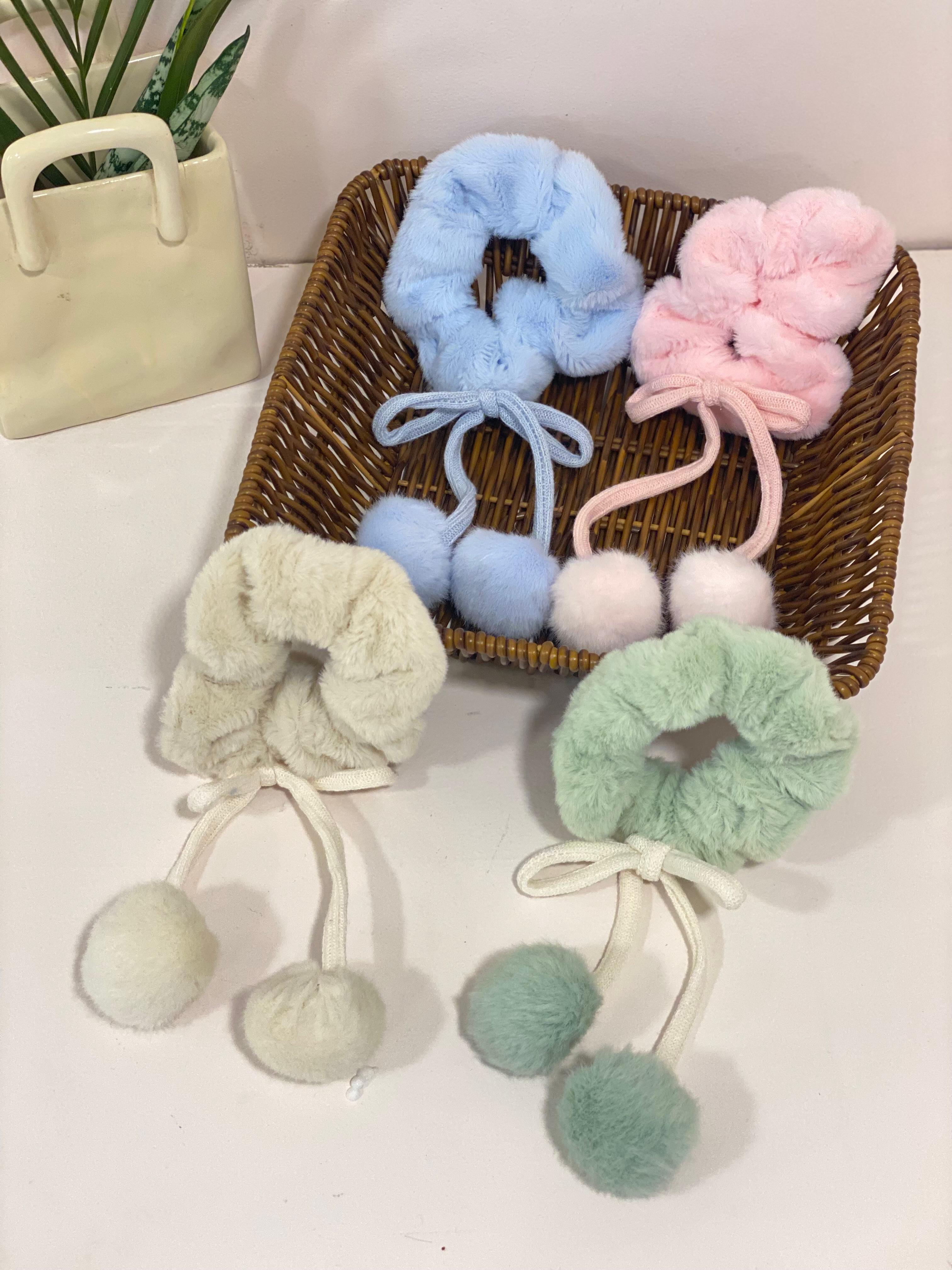 Plush Faux-Fur Pom-Pom Accent Scrunchie