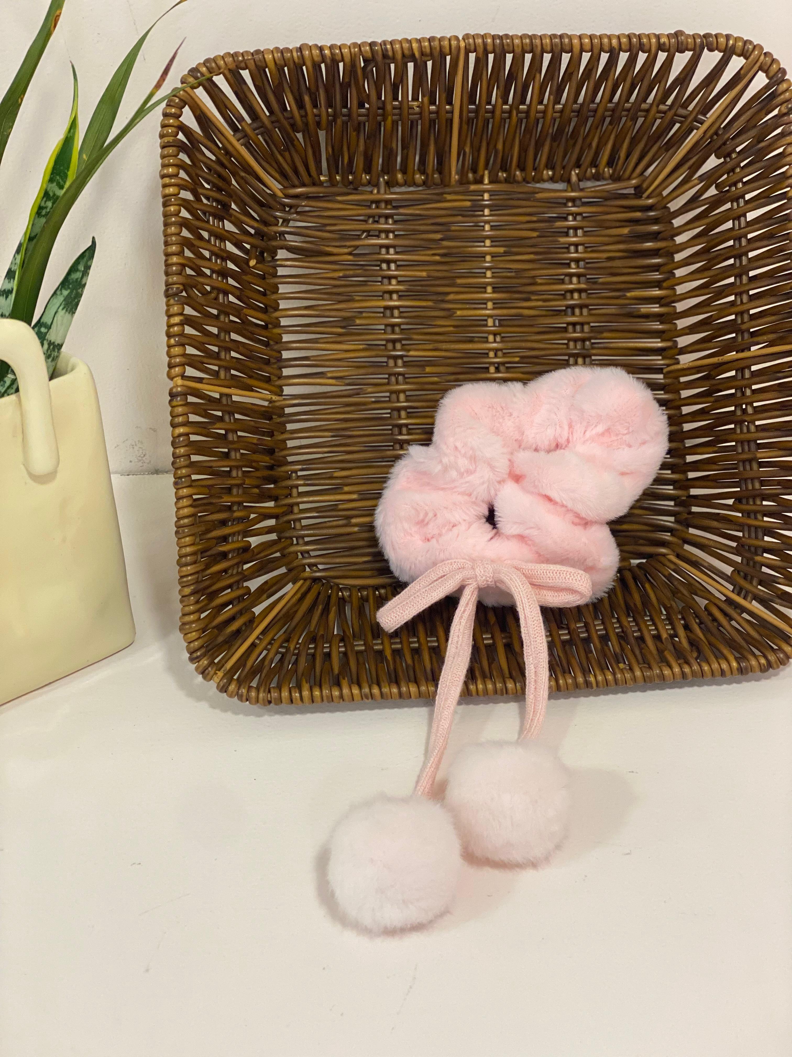 Plush Faux-Fur Pom-Pom Accent Scrunchie