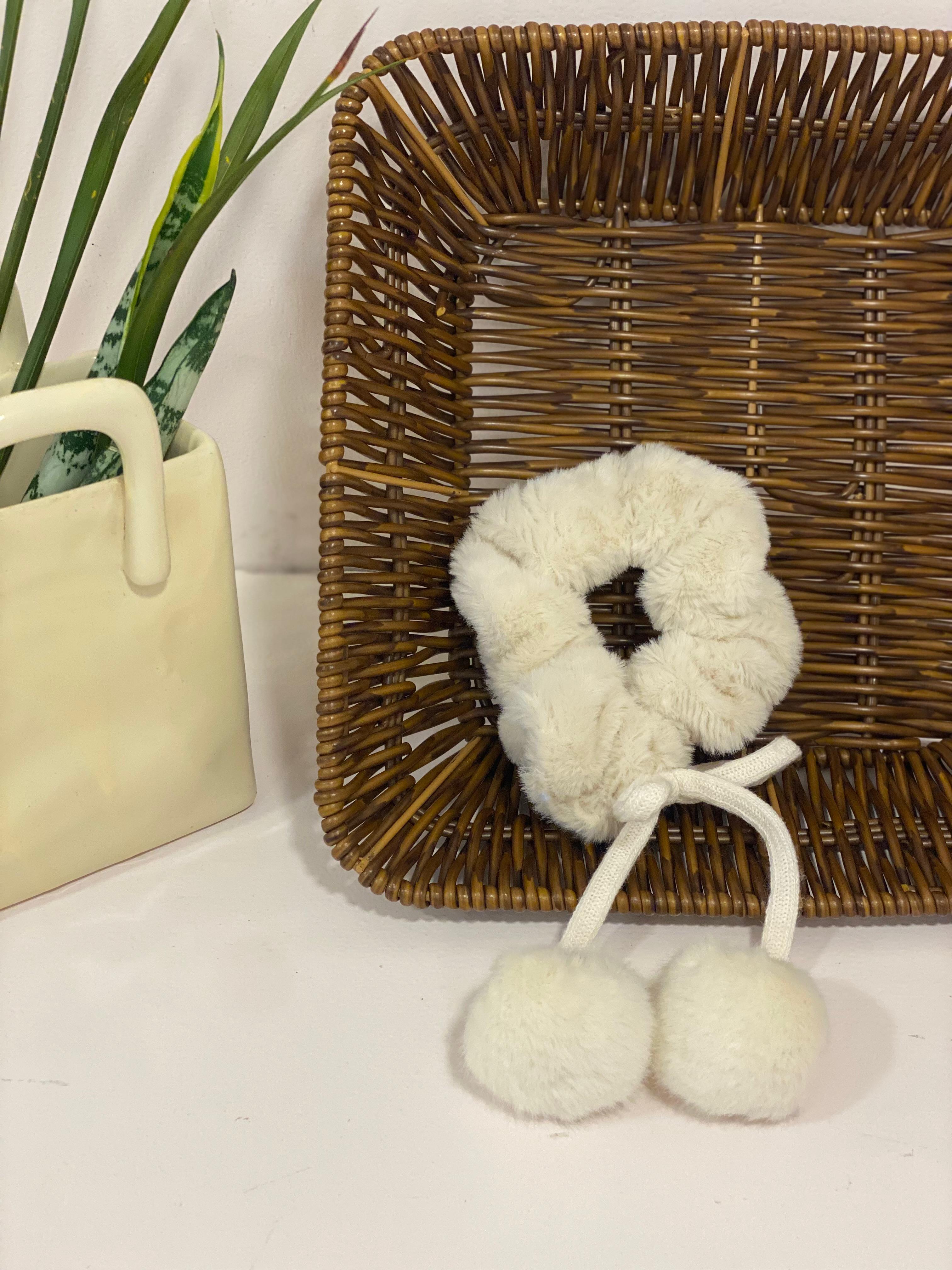 Plush Faux-Fur Pom-Pom Accent Scrunchie