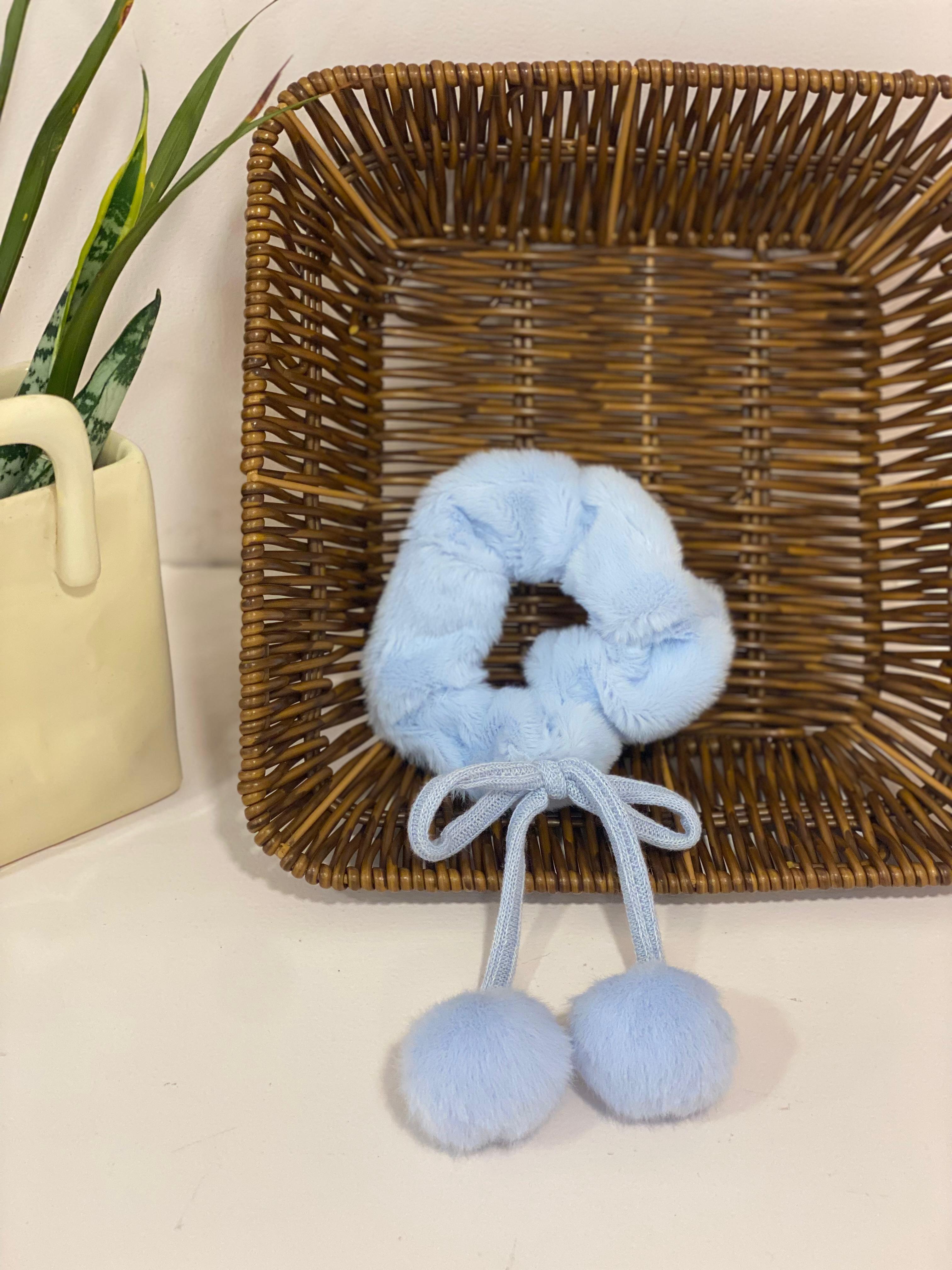 Plush Faux-Fur Pom-Pom Accent Scrunchie