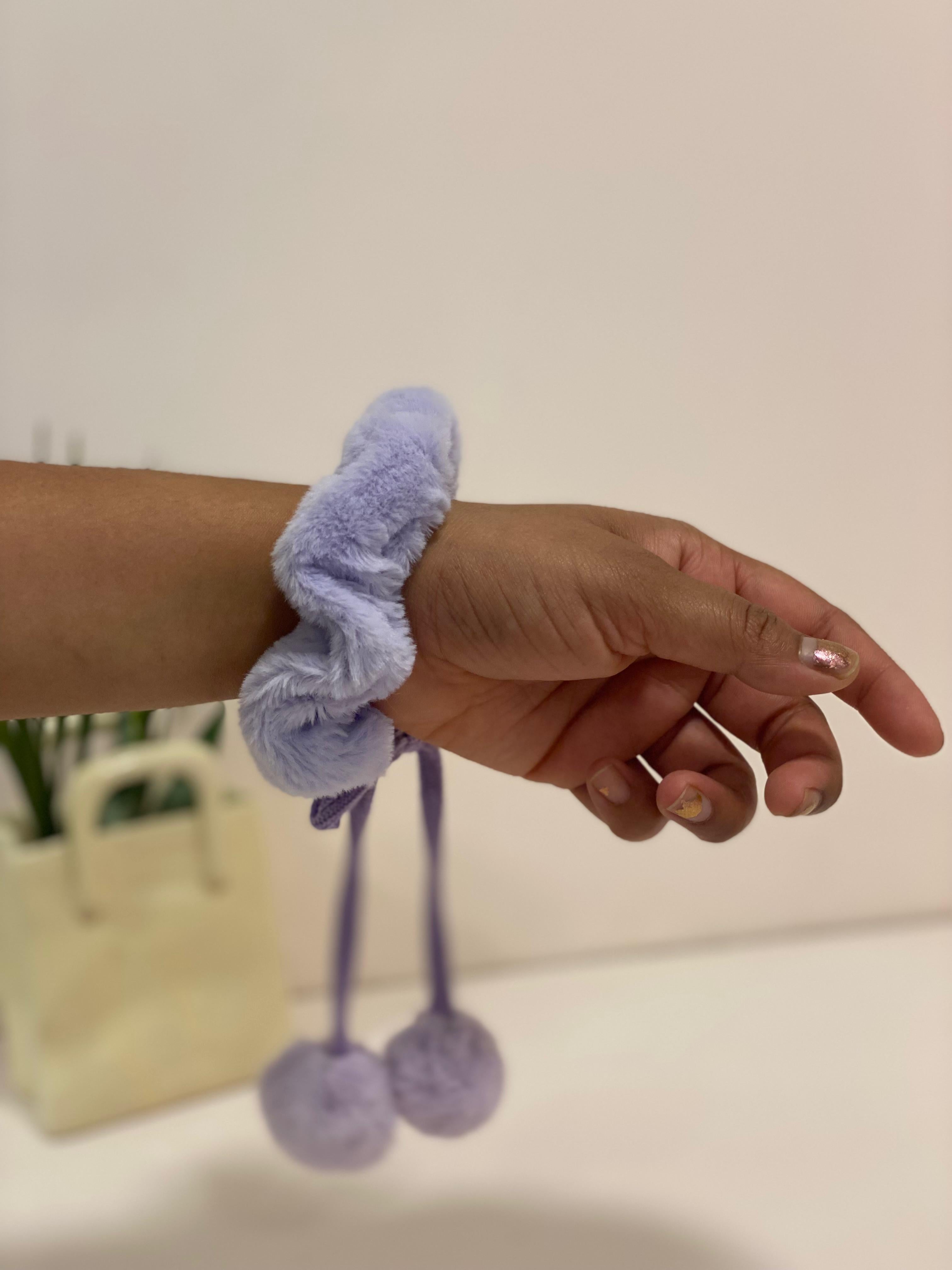 Plush Faux-Fur Pom-Pom Accent Scrunchie