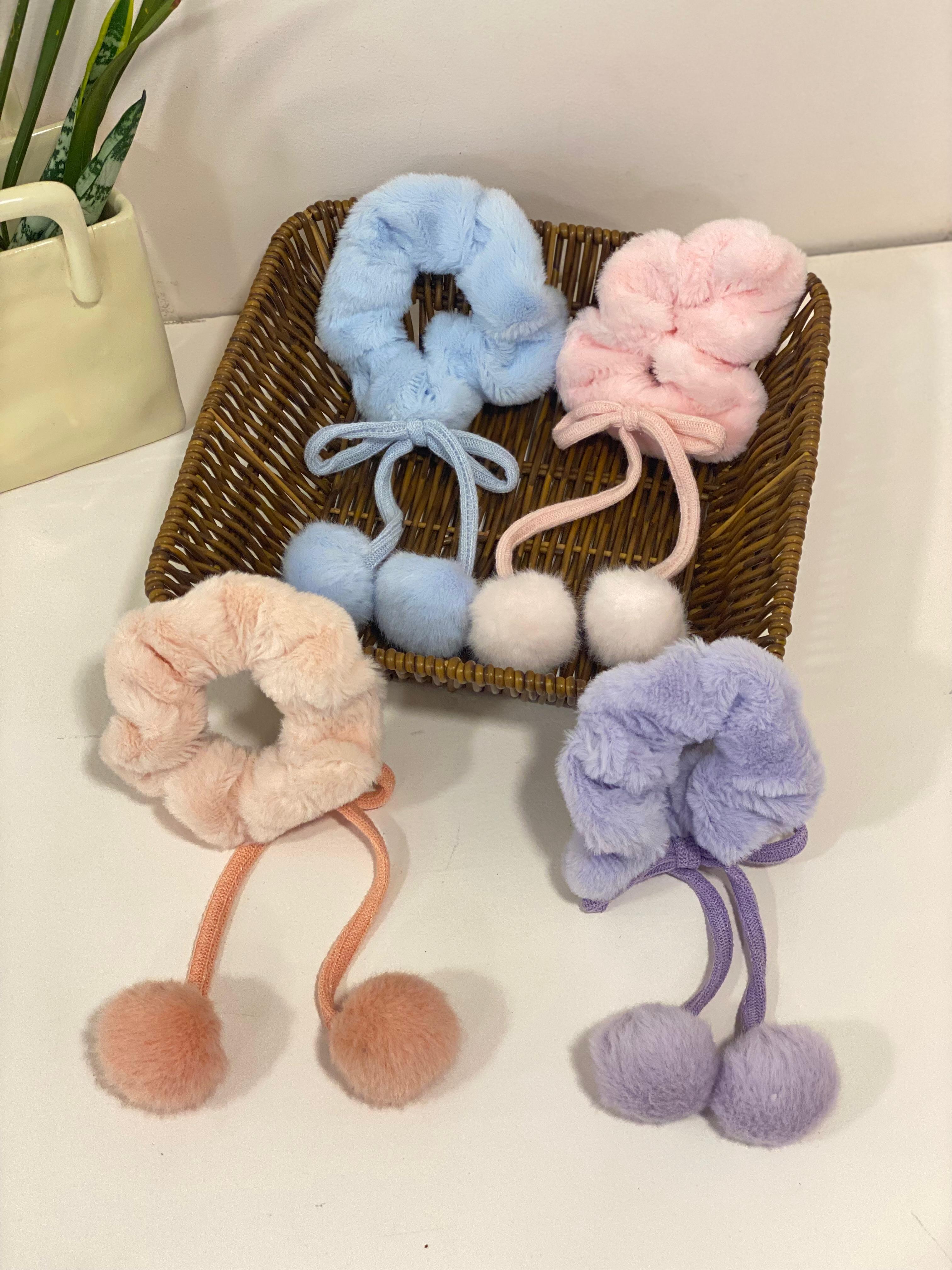 Plush Faux-Fur Pom-Pom Accent Scrunchie