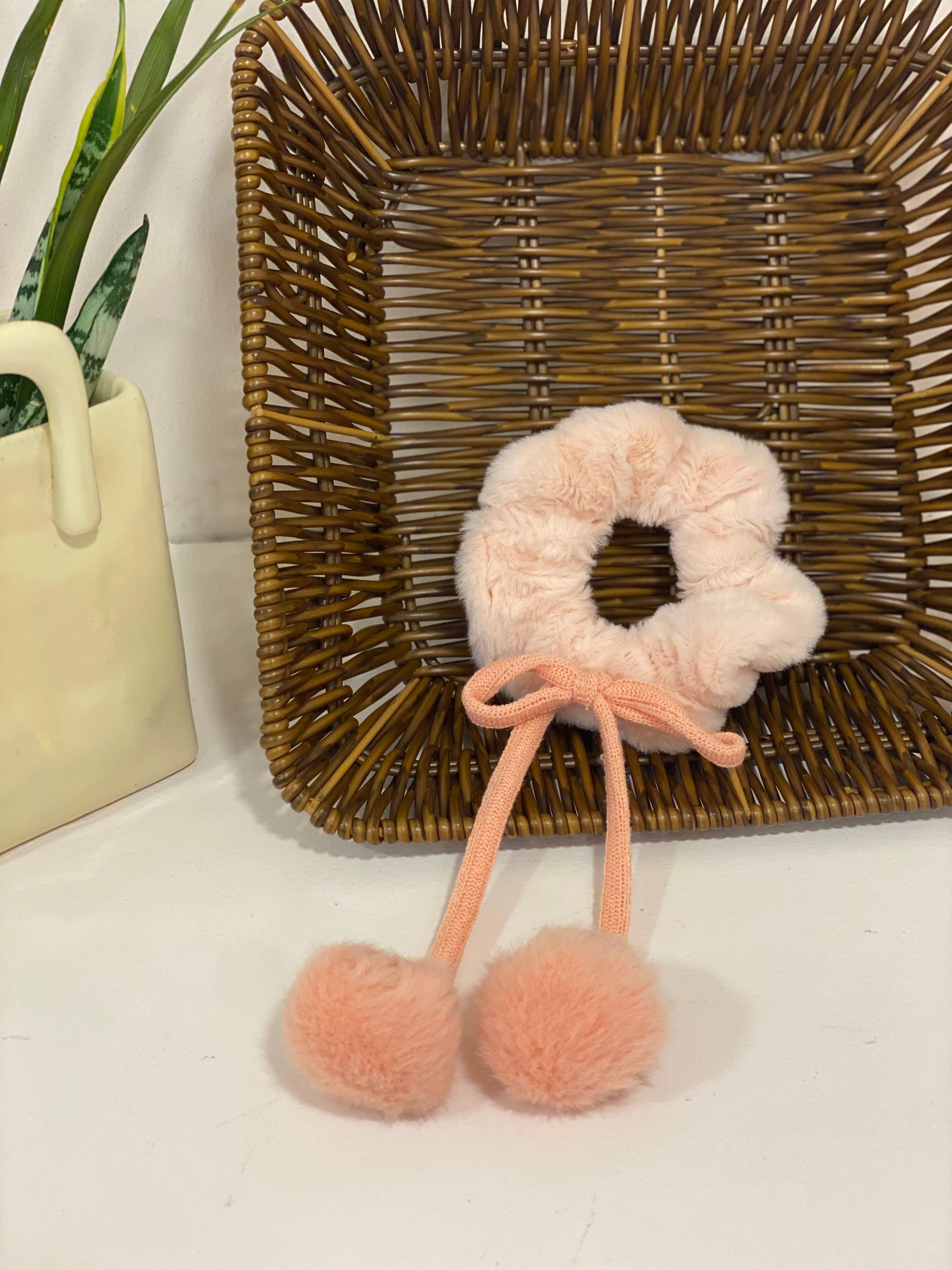 Plush Faux-Fur Pom-Pom Accent Scrunchie