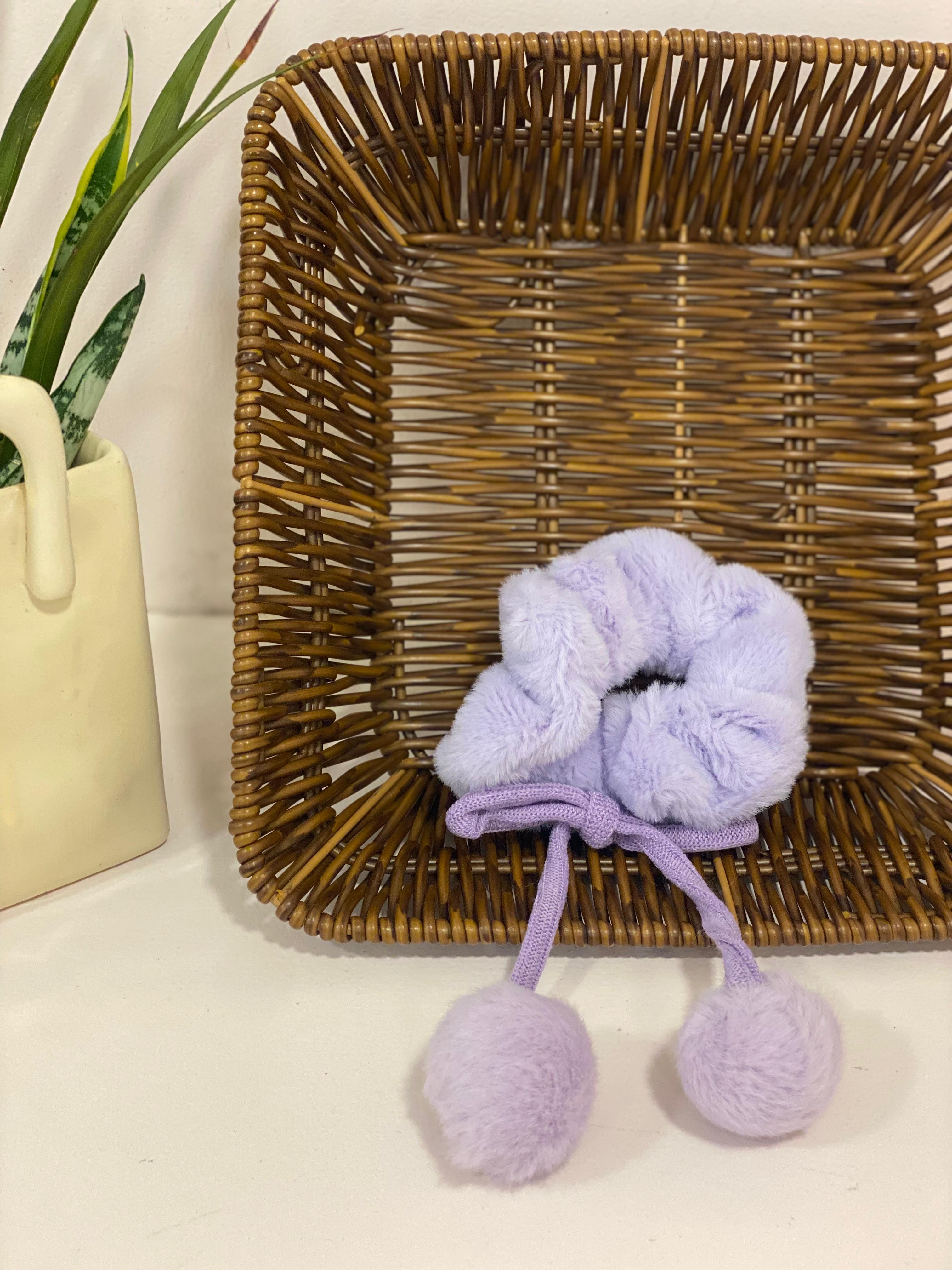 Plush Faux-Fur Pom-Pom Accent Scrunchie
