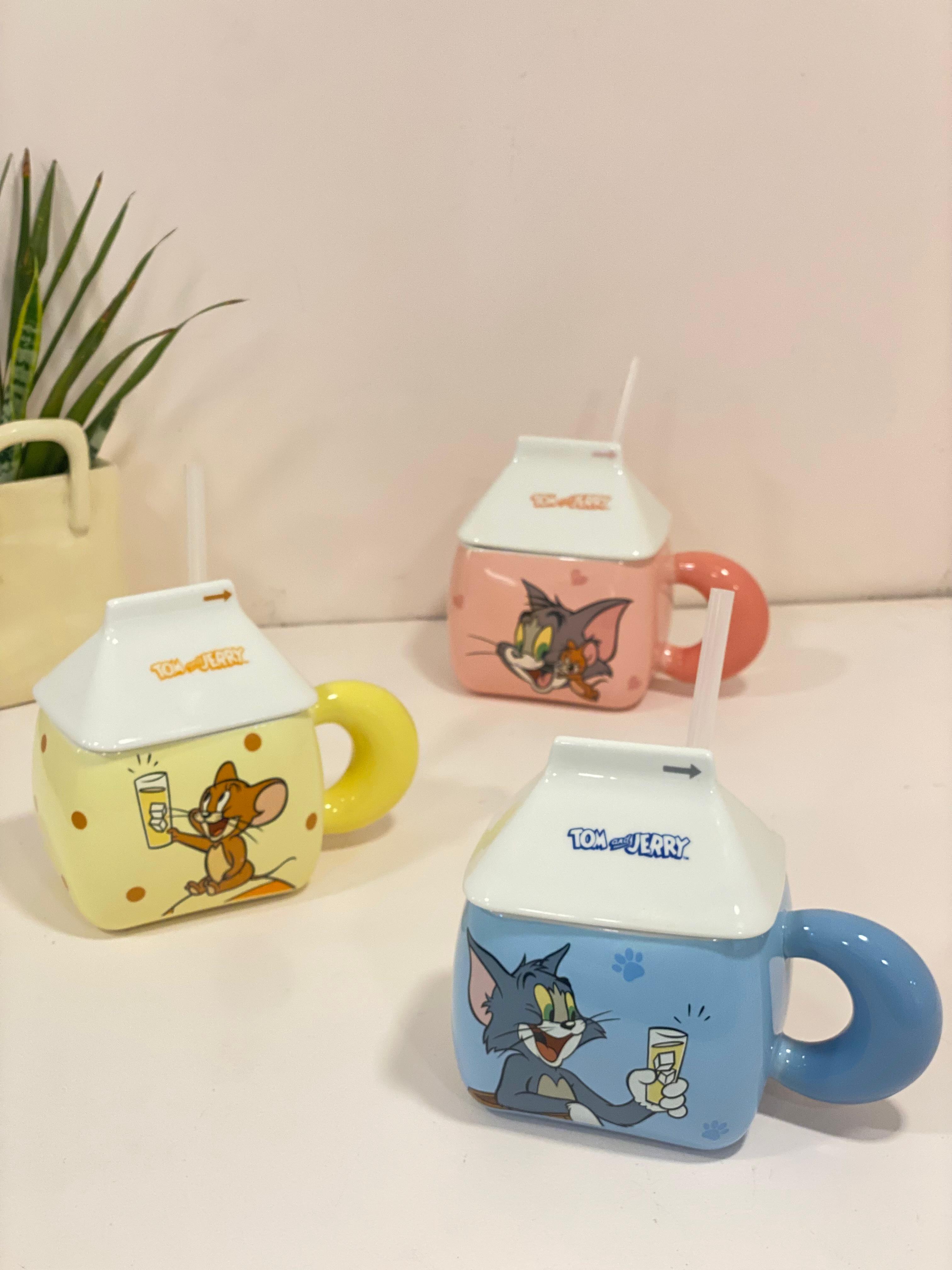 Tom and Jerry Milk-Carton Ceramic Mug with Lid & Straw